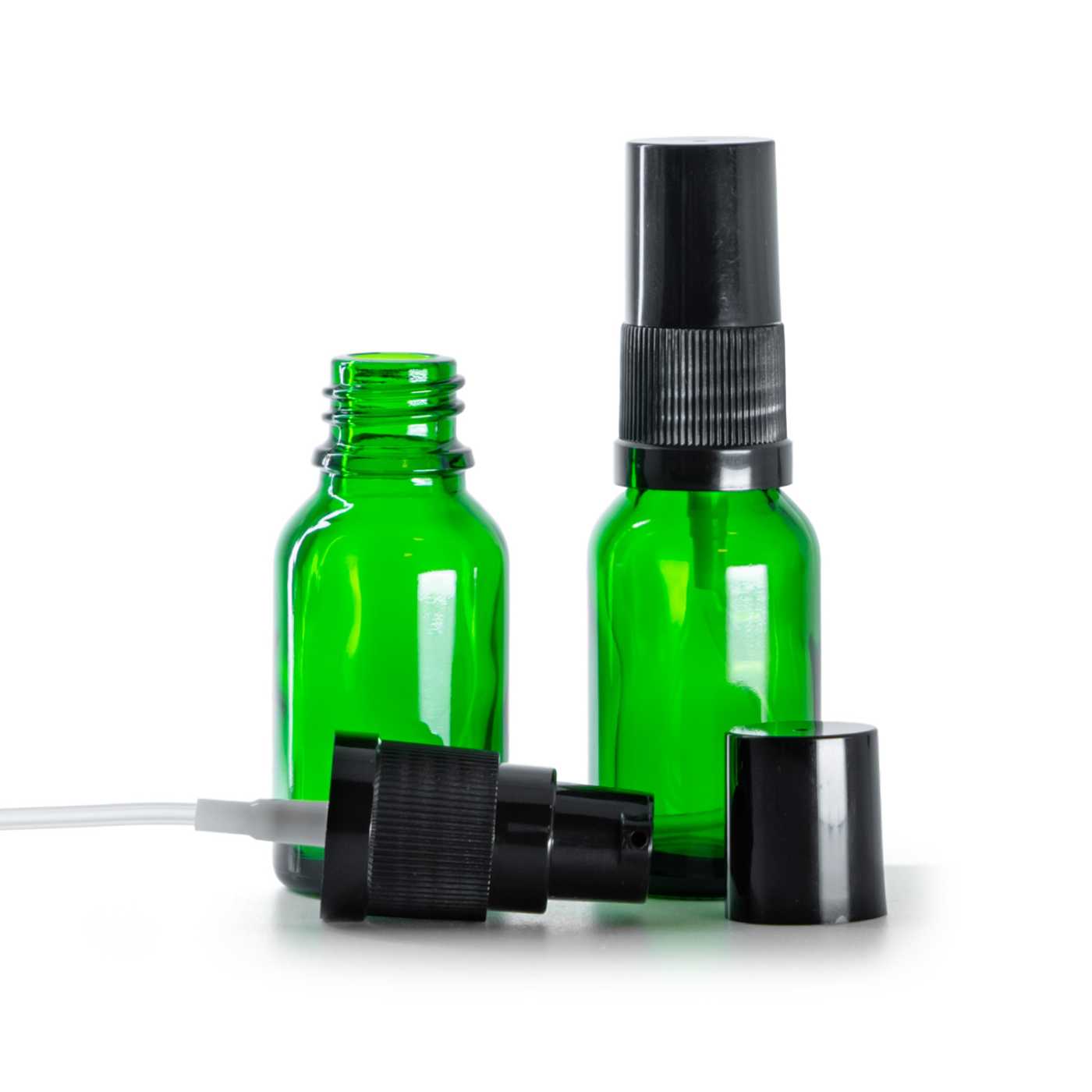 Sklenená fľaška, zelená, dávkovač krémov s čiernym vrchom, 15 ml