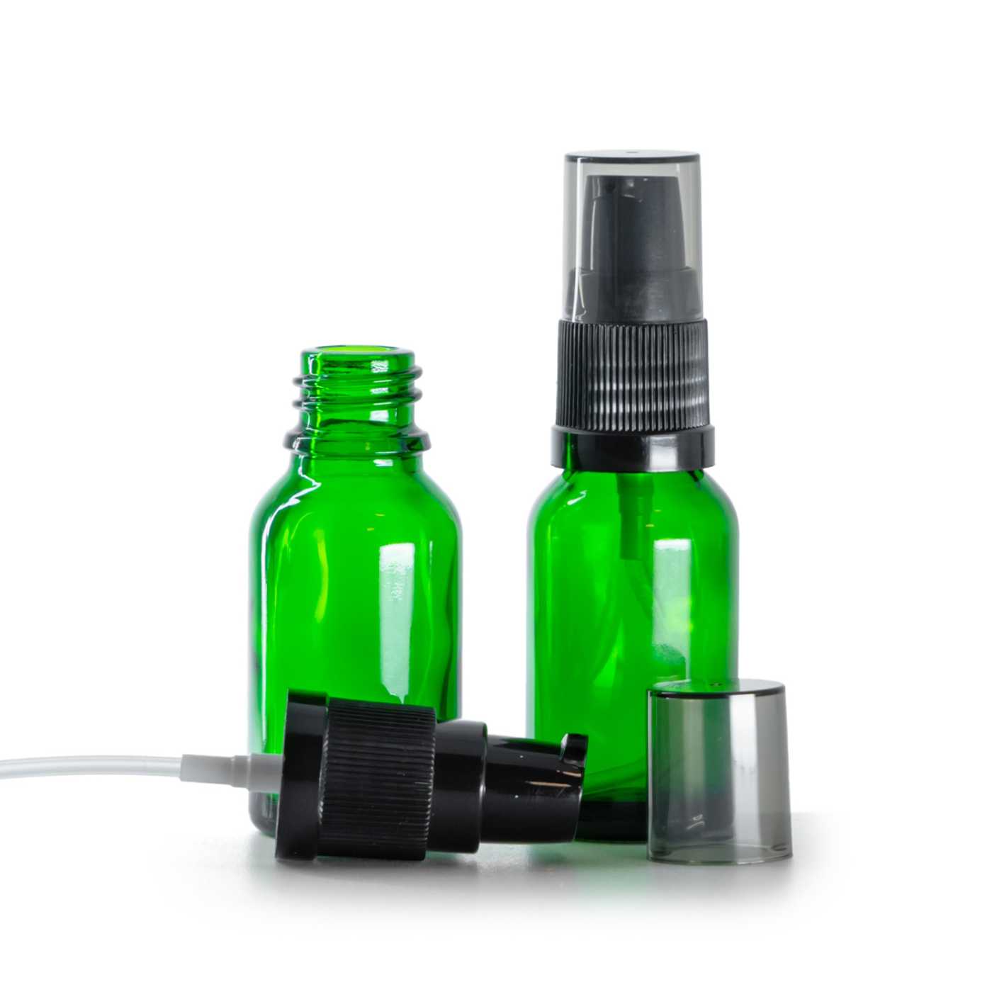 Sklenená fľaška, zelená, dávkovač krémov s dymovým krytom, 15 ml