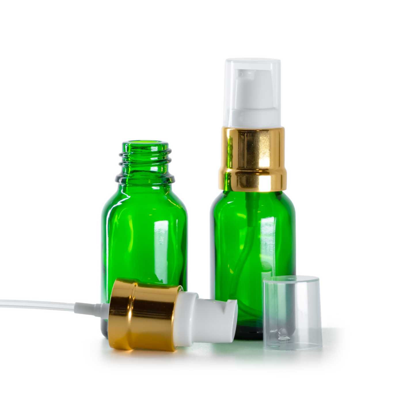 Zöld üvegpalack, fényes fehér-arany adagoló, 15 ml