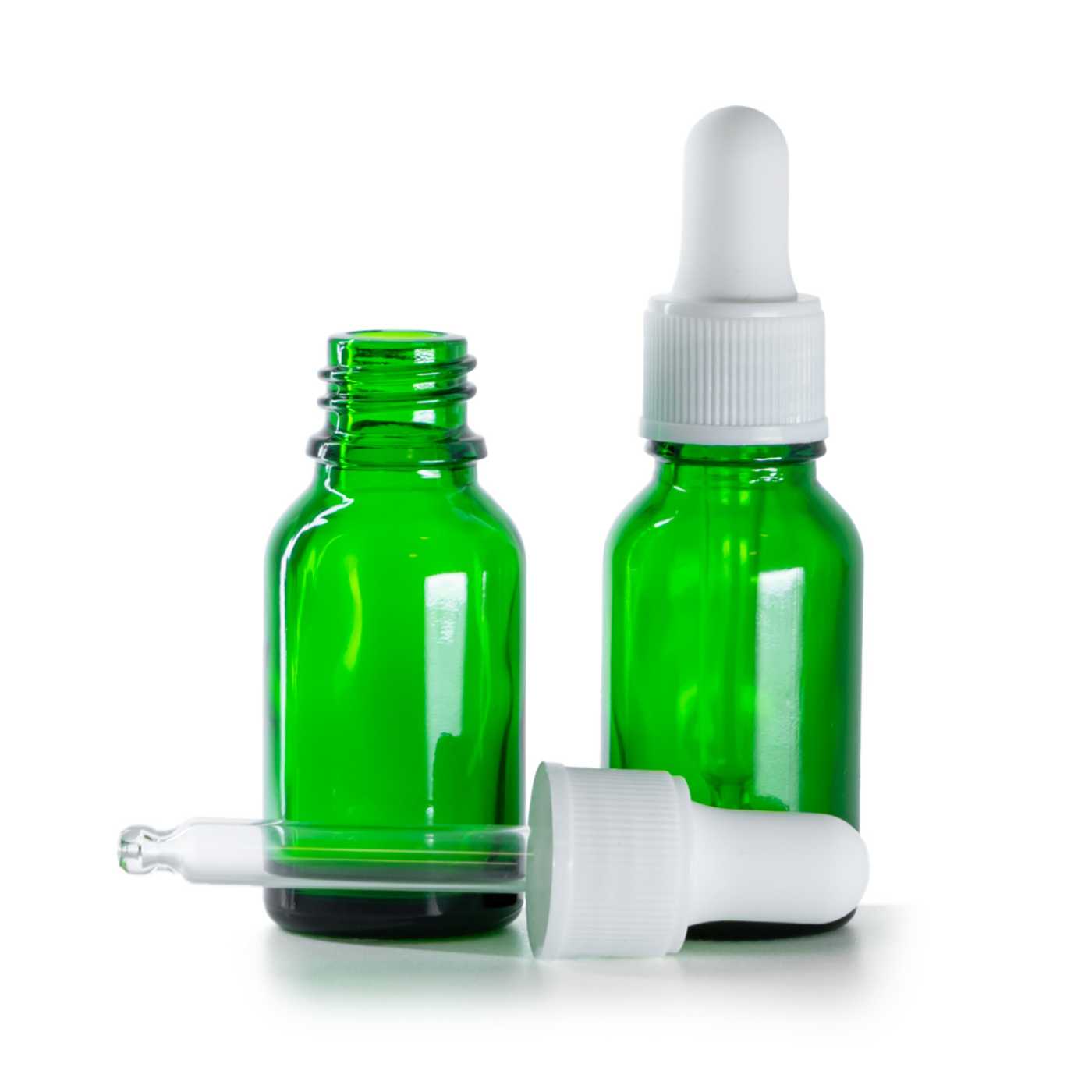 Sklenená fľaška, zelená, biele matné kvapátko, 15 ml