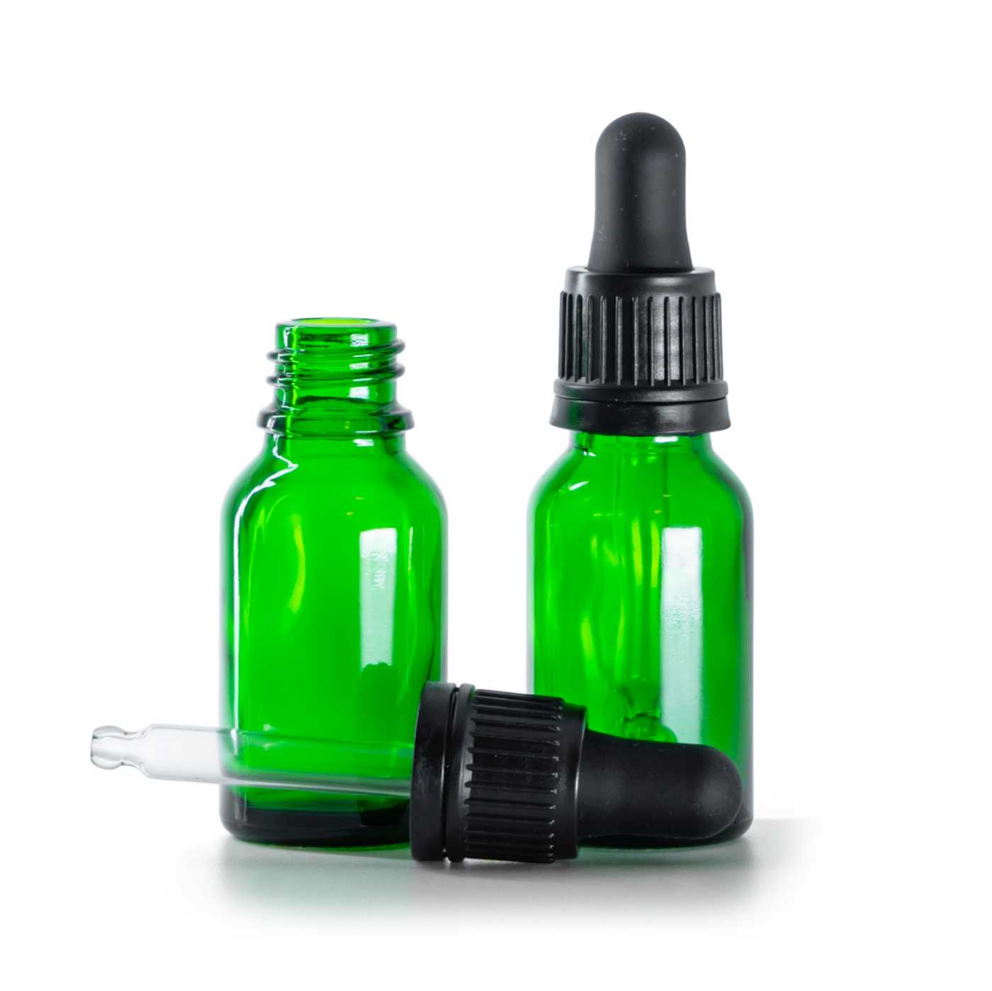 Sklenená fľaška, zelená, kvapátko čierne 15 ml