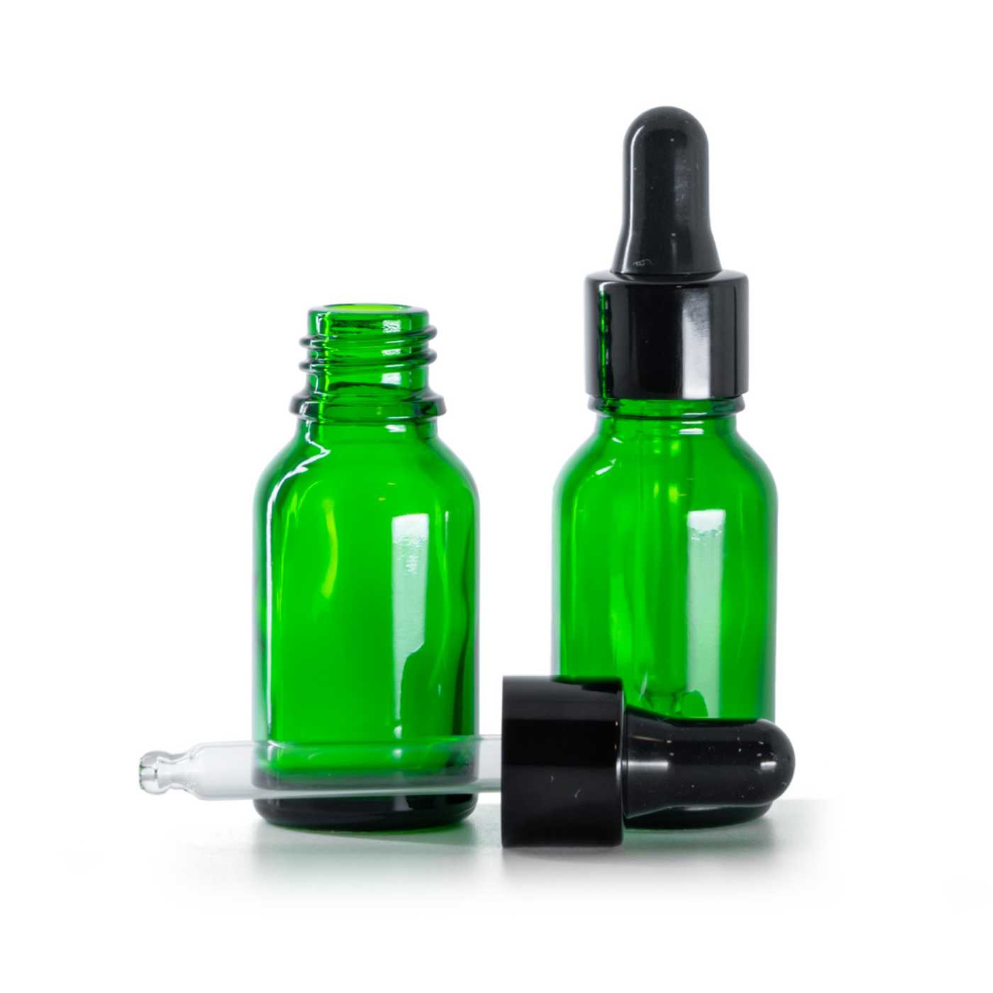 Zöld üvegpalack, fényes fekete pipetta, 15 ml
