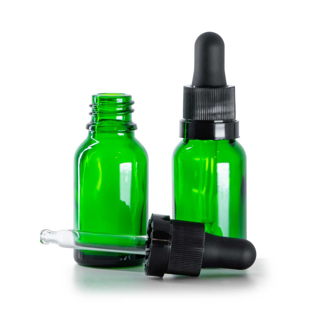 Sklenená fľaška, zelená, čierne kvapátko s lesklým prúžkom, 15 ml
