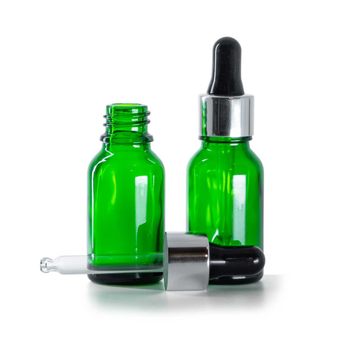 Sklenená fľaška, zelená, čierno-strieborné kvapátko, 15 ml