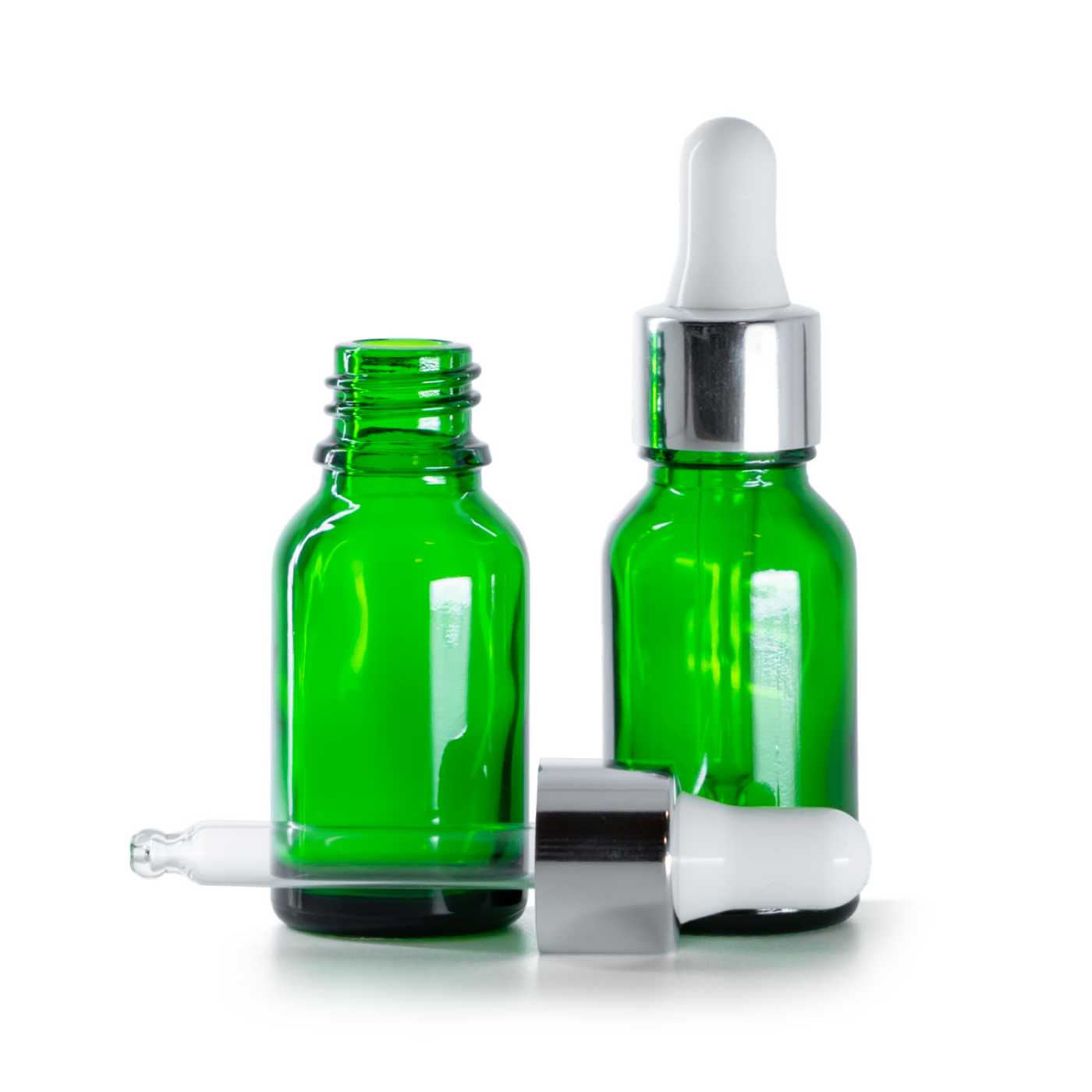 Sklenená fľaška, zelená, kvapátko strieborné lesklé, 15 ml