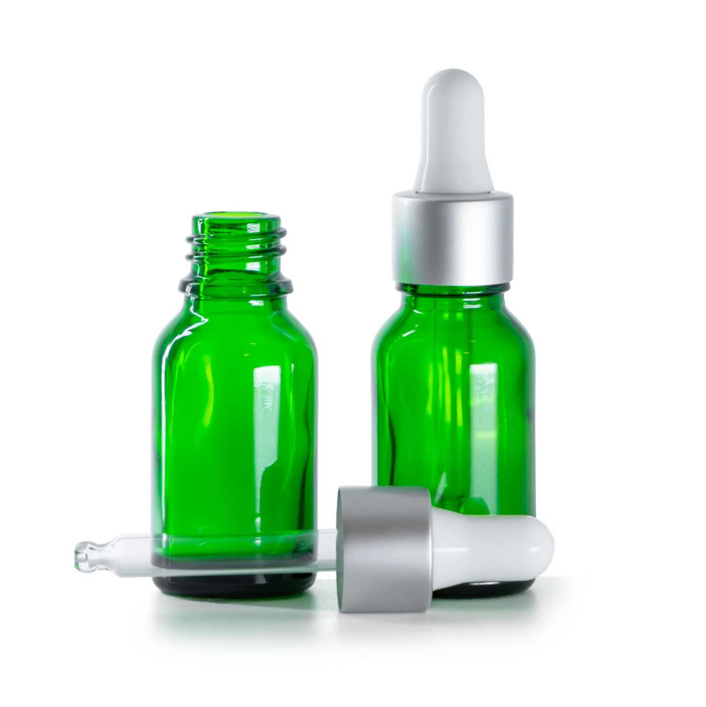 Zöld üvegpalack, matt ezüst cseppentő, 15 ml