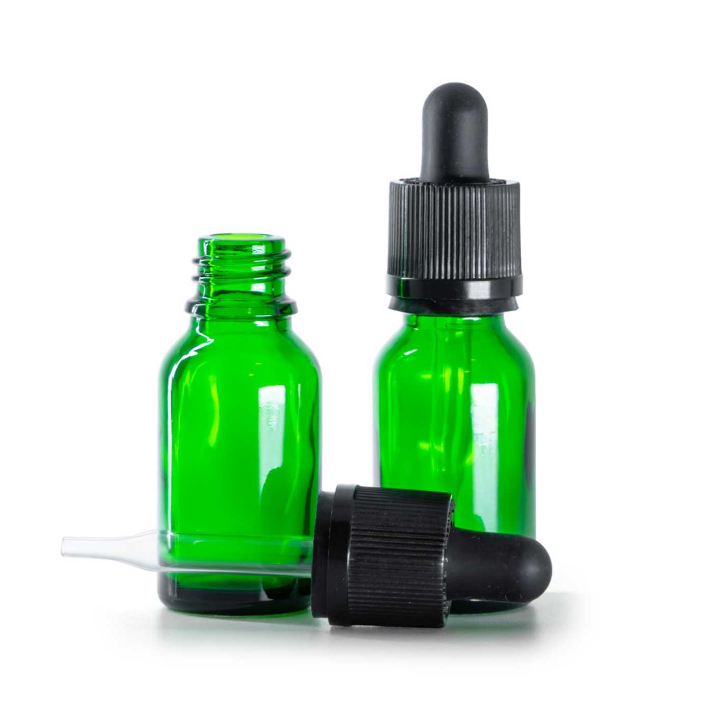 Sklenená fľaška, zelená, pipeta s poistkou, 15 ml