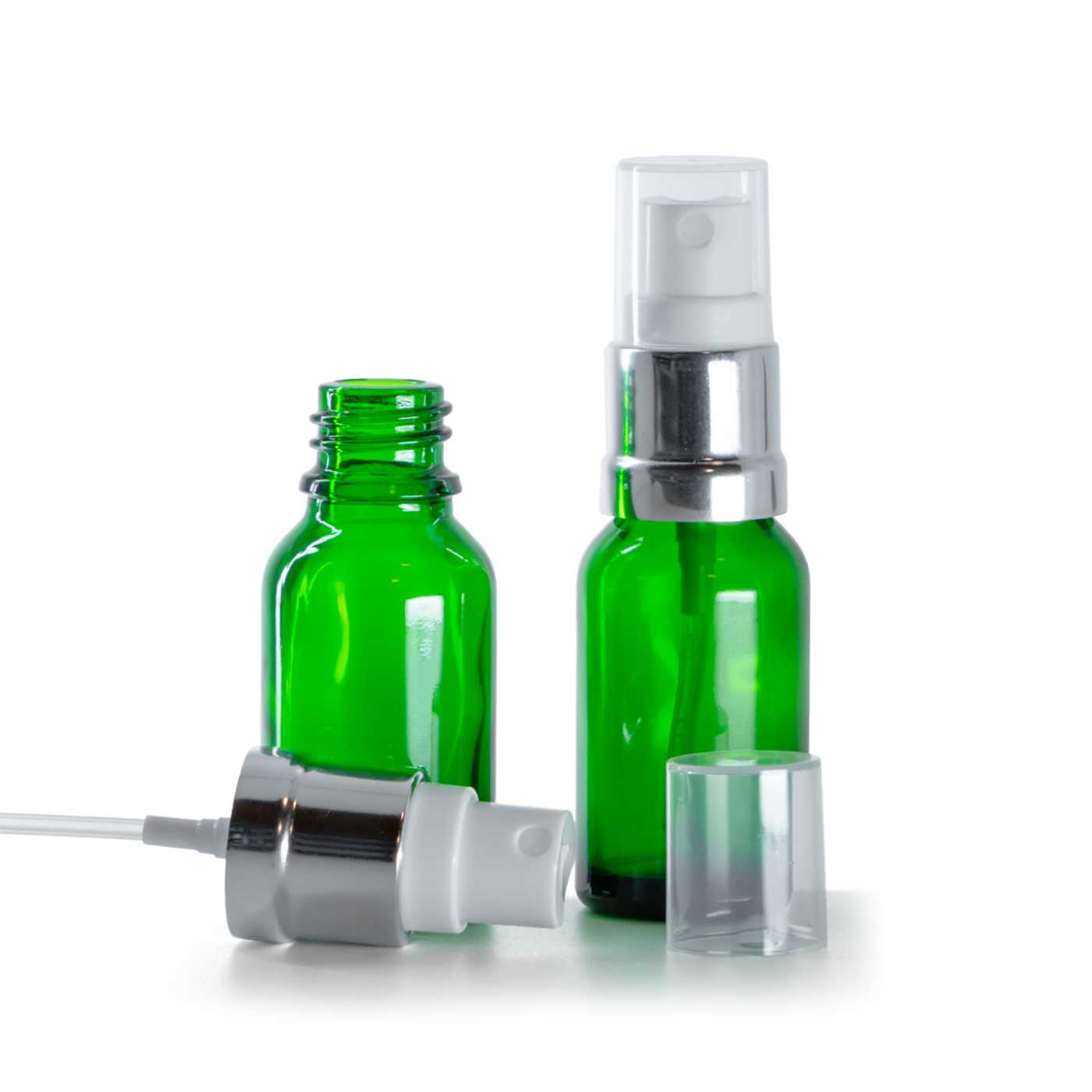 Butelka szklana, zielona, biało-srebrny atomizer, 15 ml