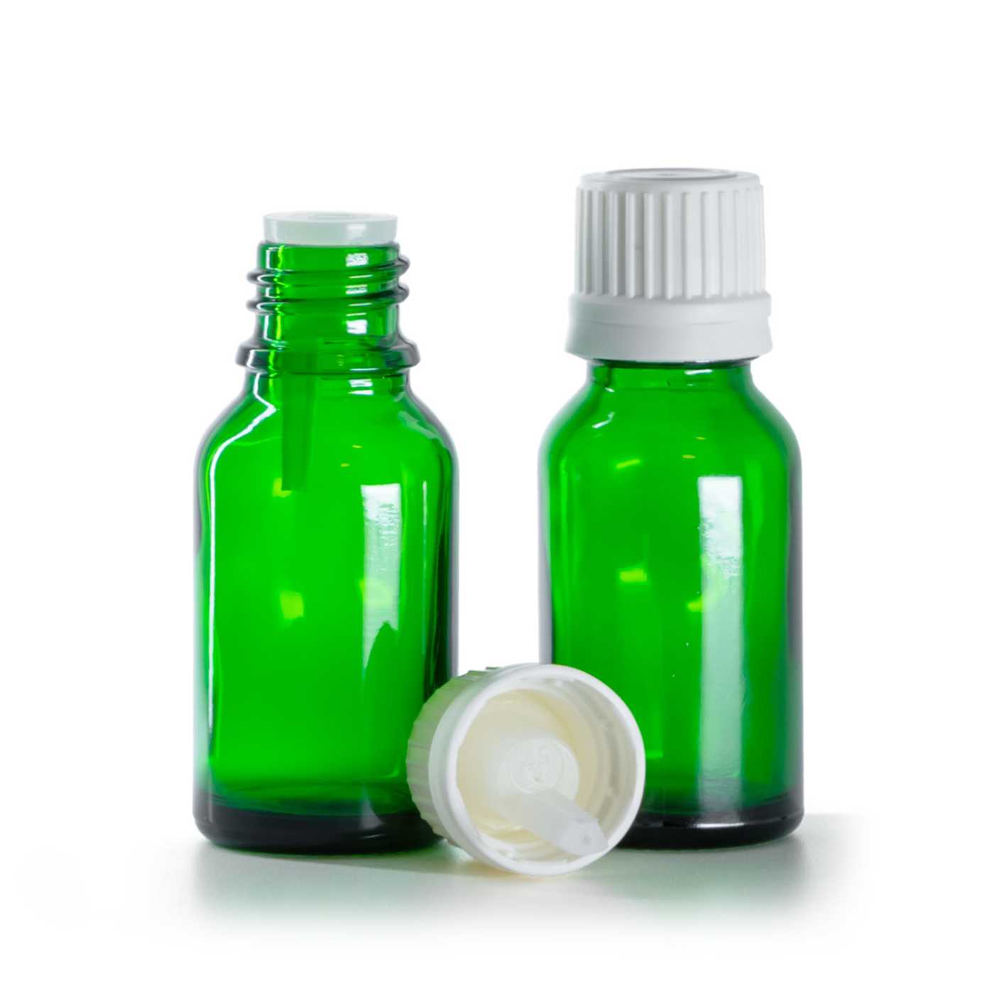 Sklenená fľaška, zelená, biely vrchnák s kvapátkom, 15 ml