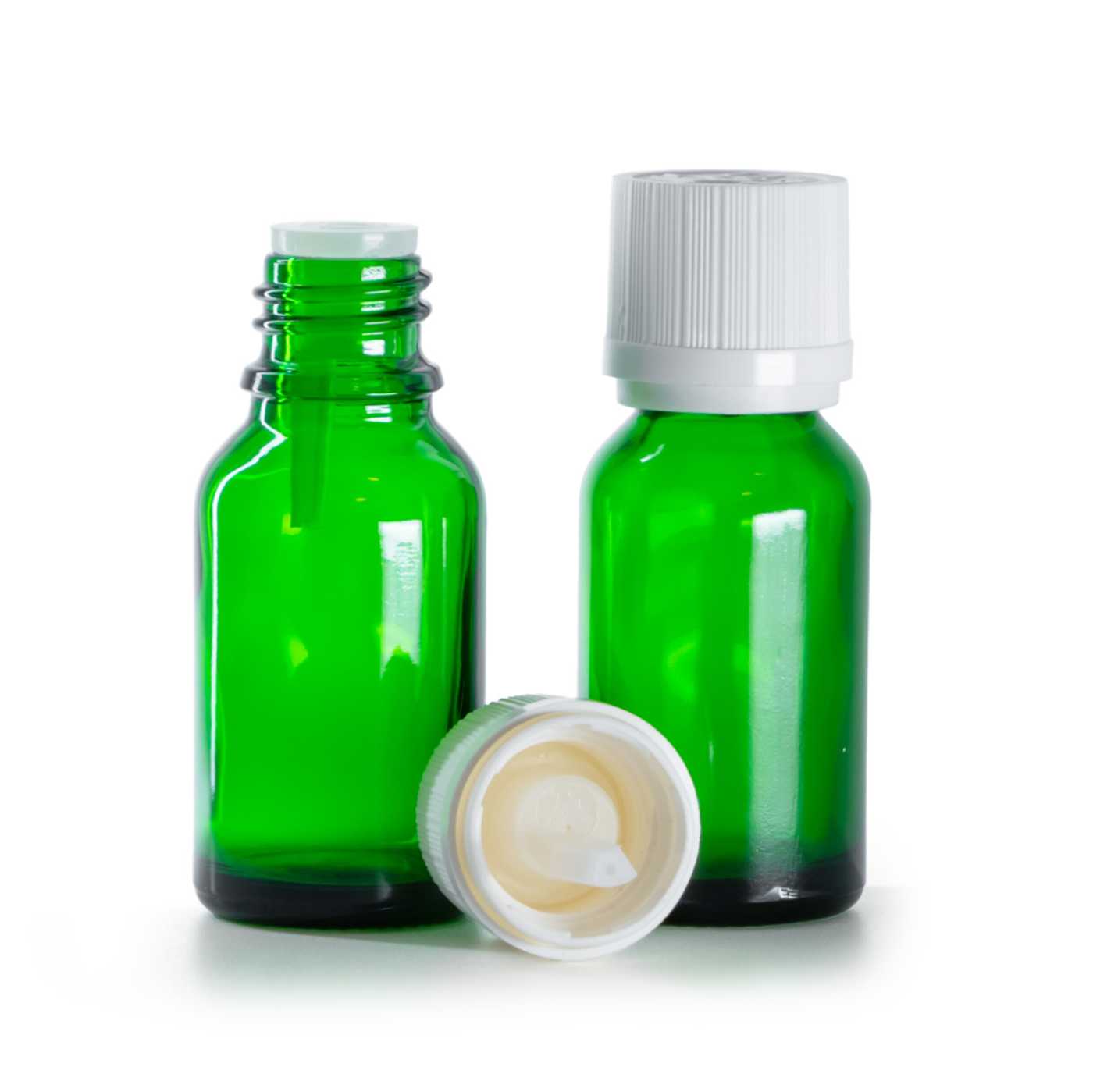 Sklenená fľaška, zelená, biely vrúbkovaný vrchnák s poistkou, 15 ml