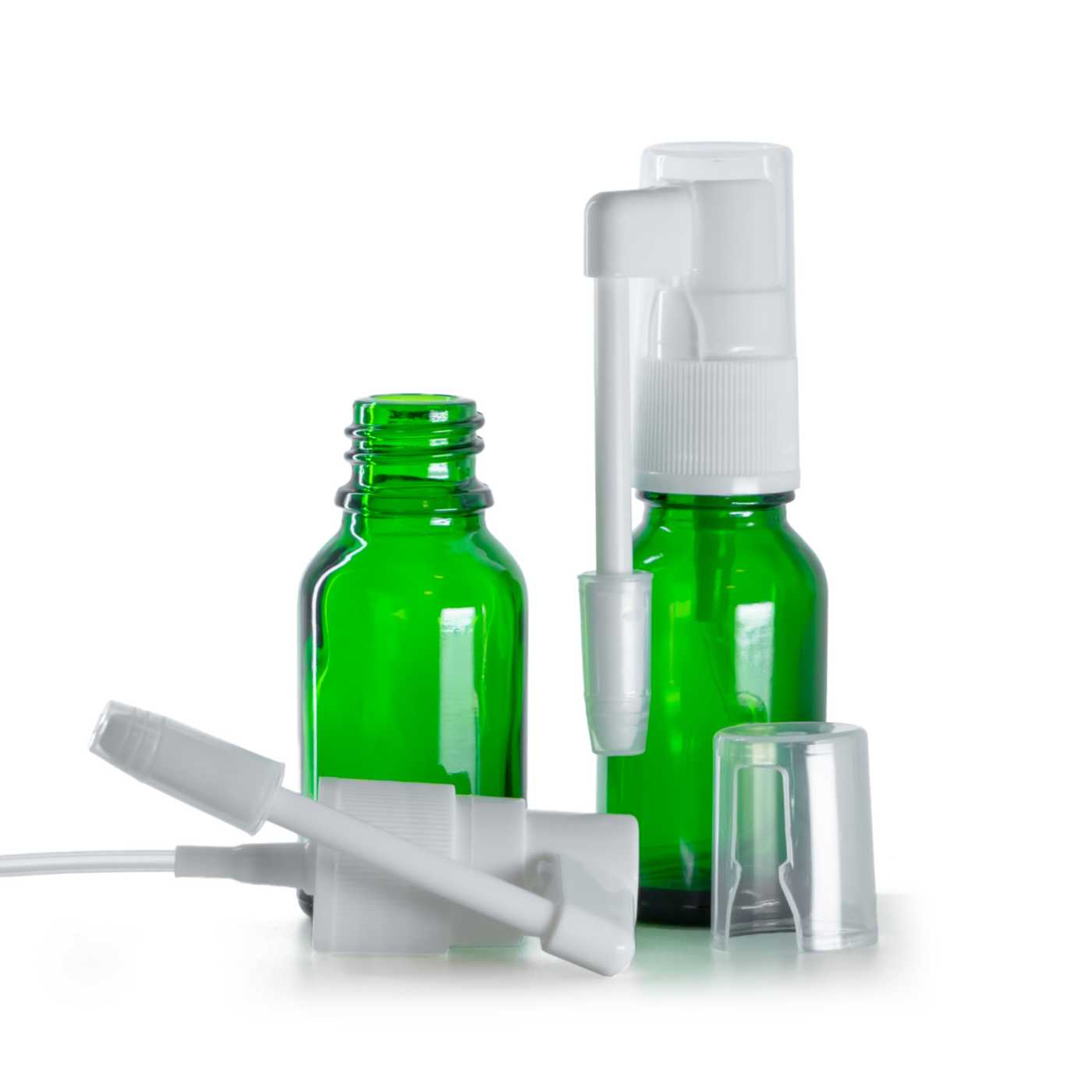 Sklenená fľaška, zelená, sprej do hrdla, 15 ml
