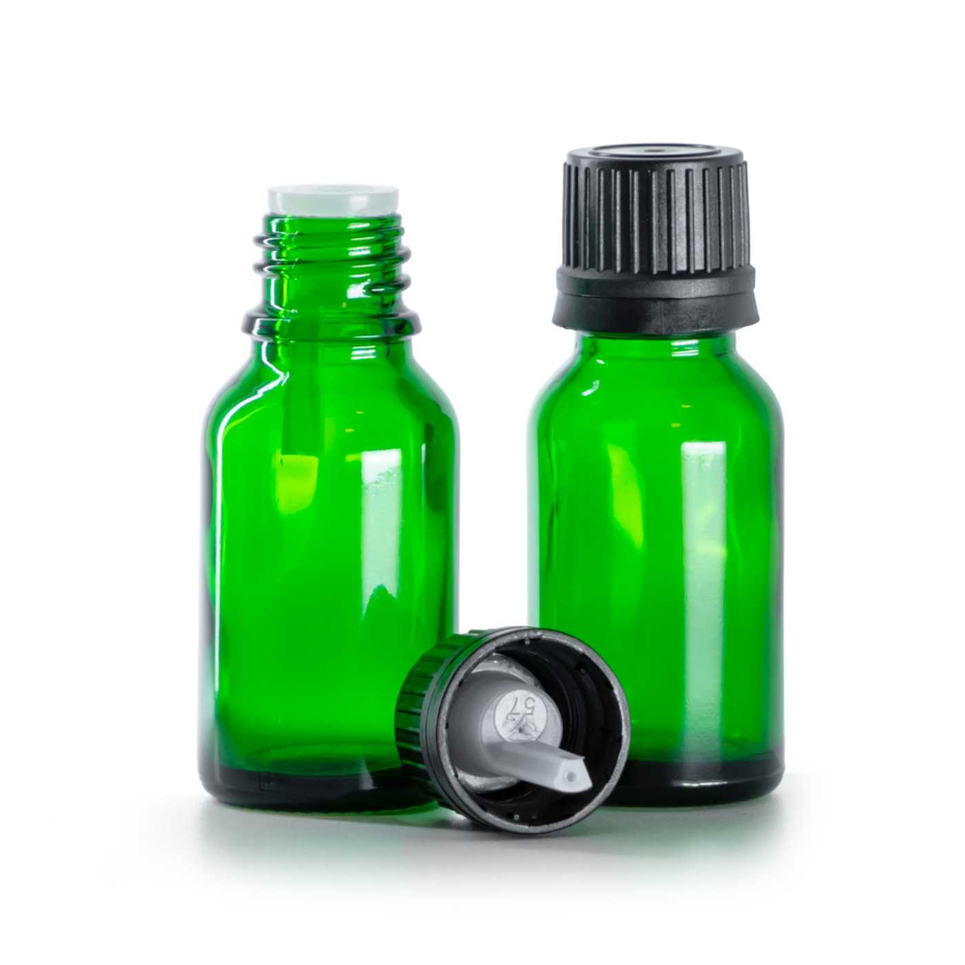 Sklenená fľaška, zelená, čierny vrchnák s kvapátkom, 15 ml