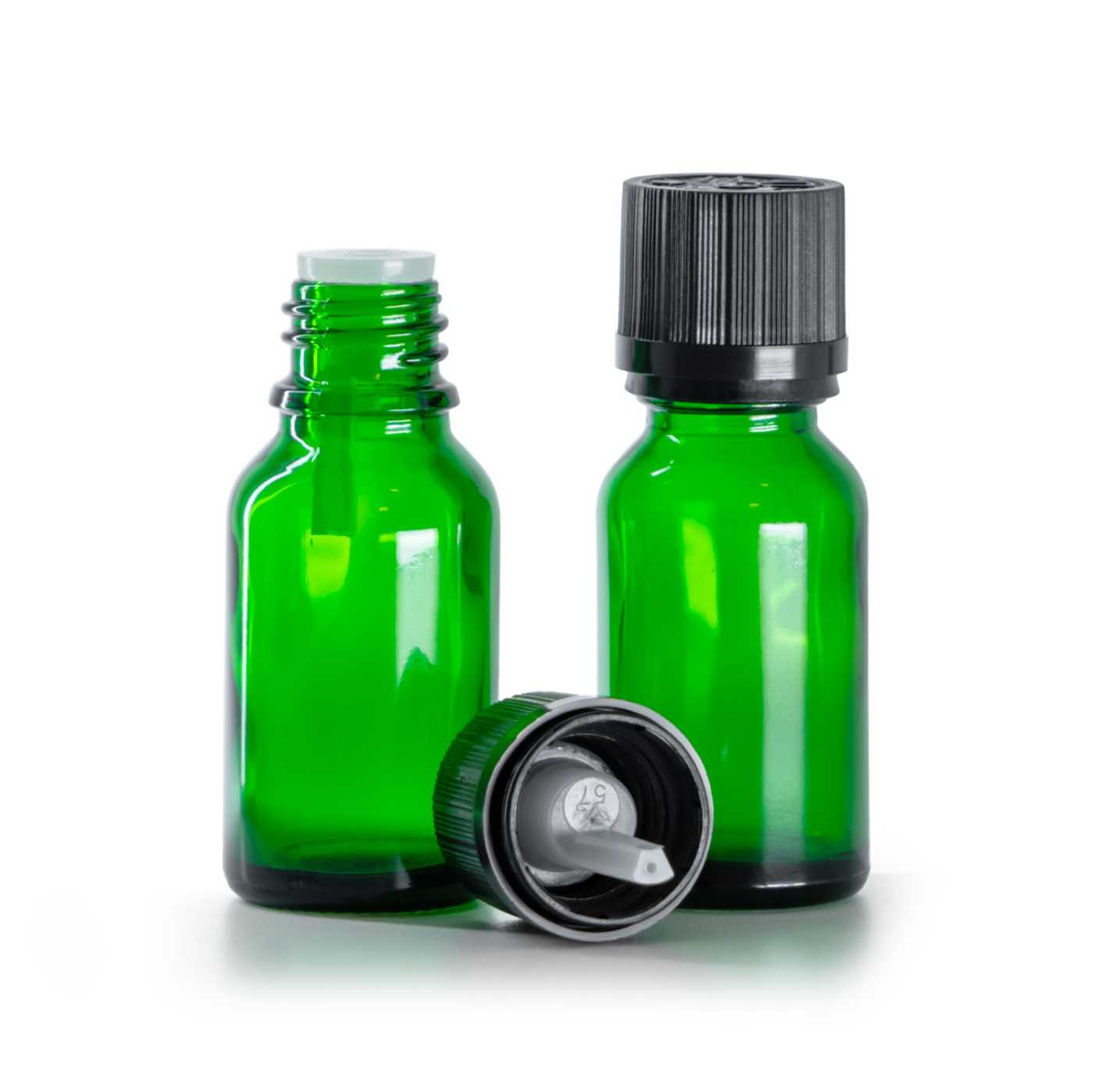 Sklenená fľaška, zelená, čierny vrúbkovaný vrchnák s poistkou, 15 ml