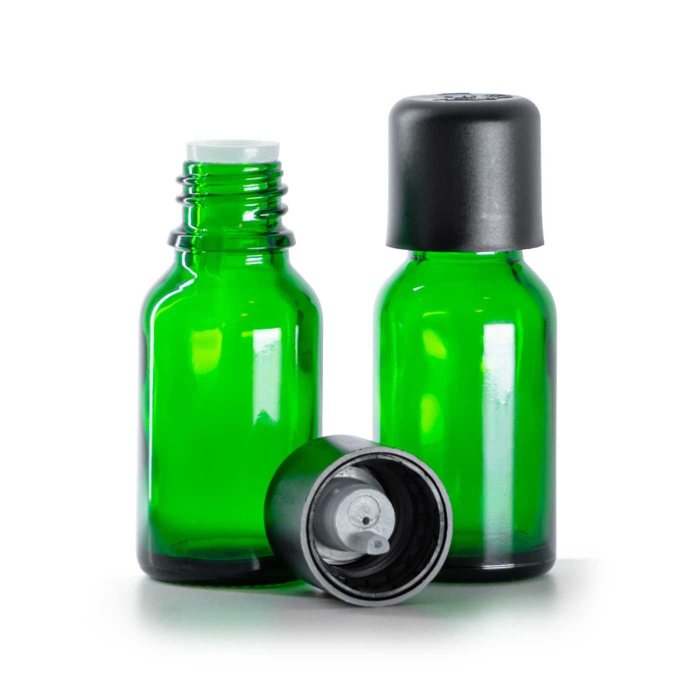 Sklenená fľaška, zelená, čierny vrchnák s poistkou, 15 ml