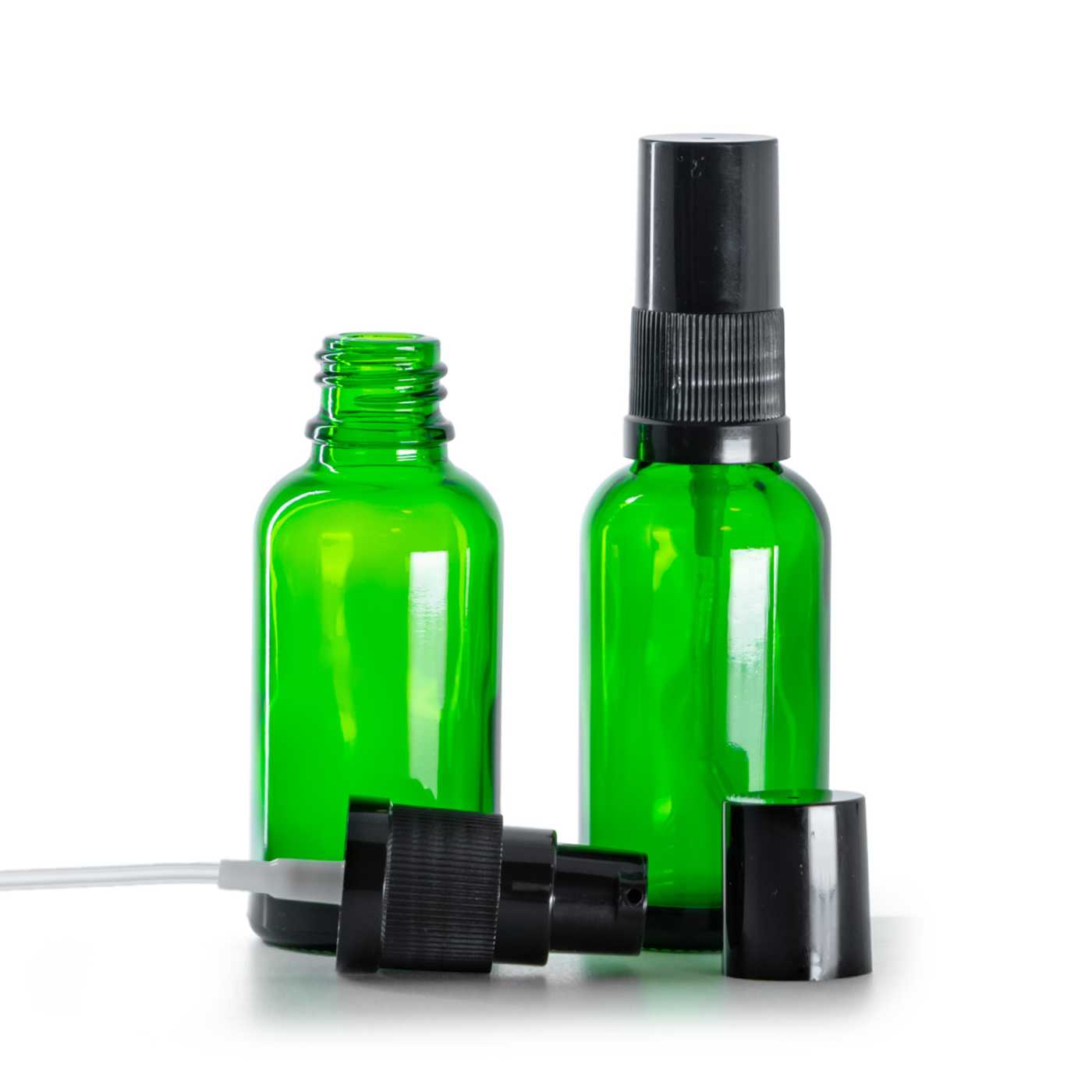 Zöld üvegpalack, fekete kupakos adagolós pumpa krémekhez, 30 ml