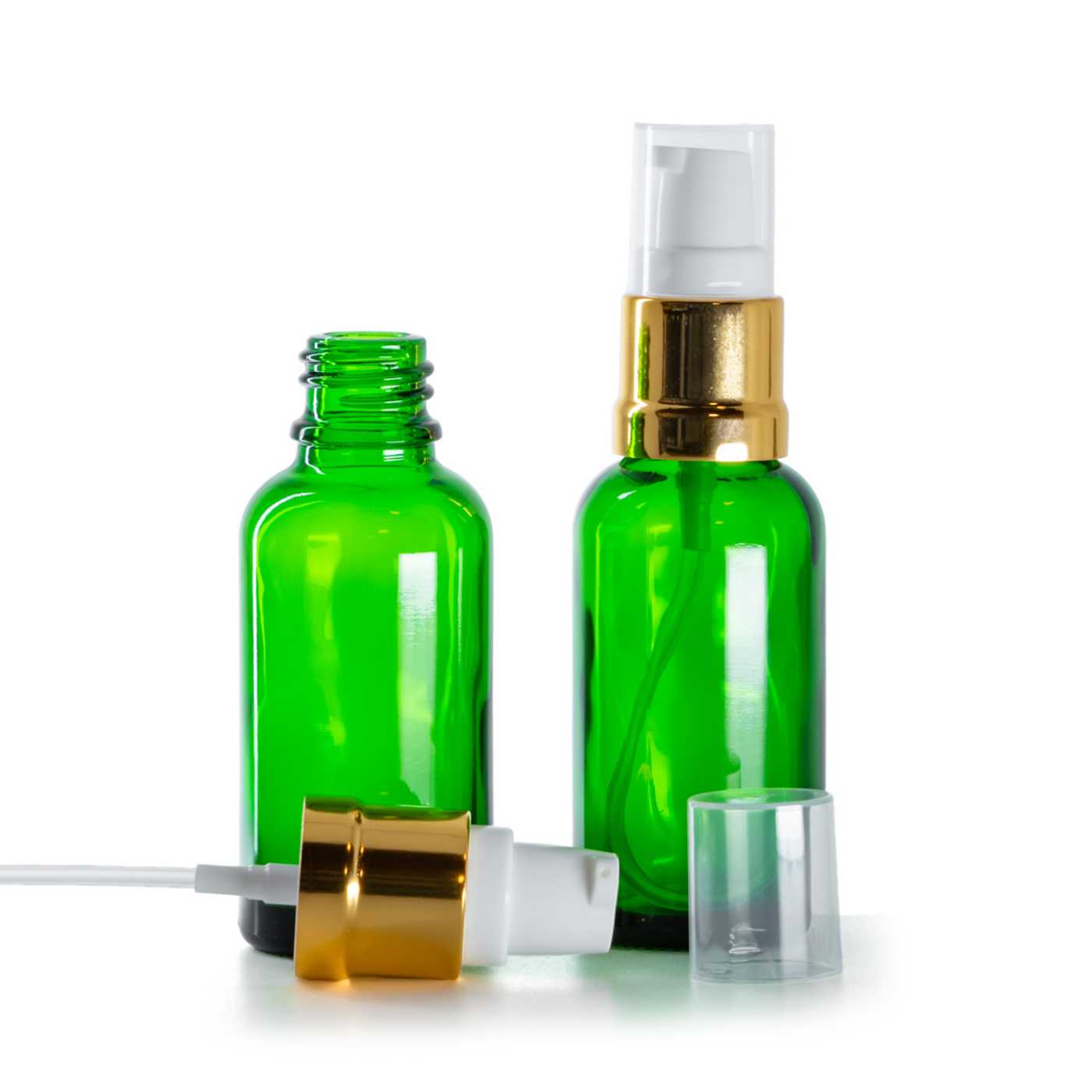 Zöld üvegpalack, fényes fehér-arany adagoló, 30 ml