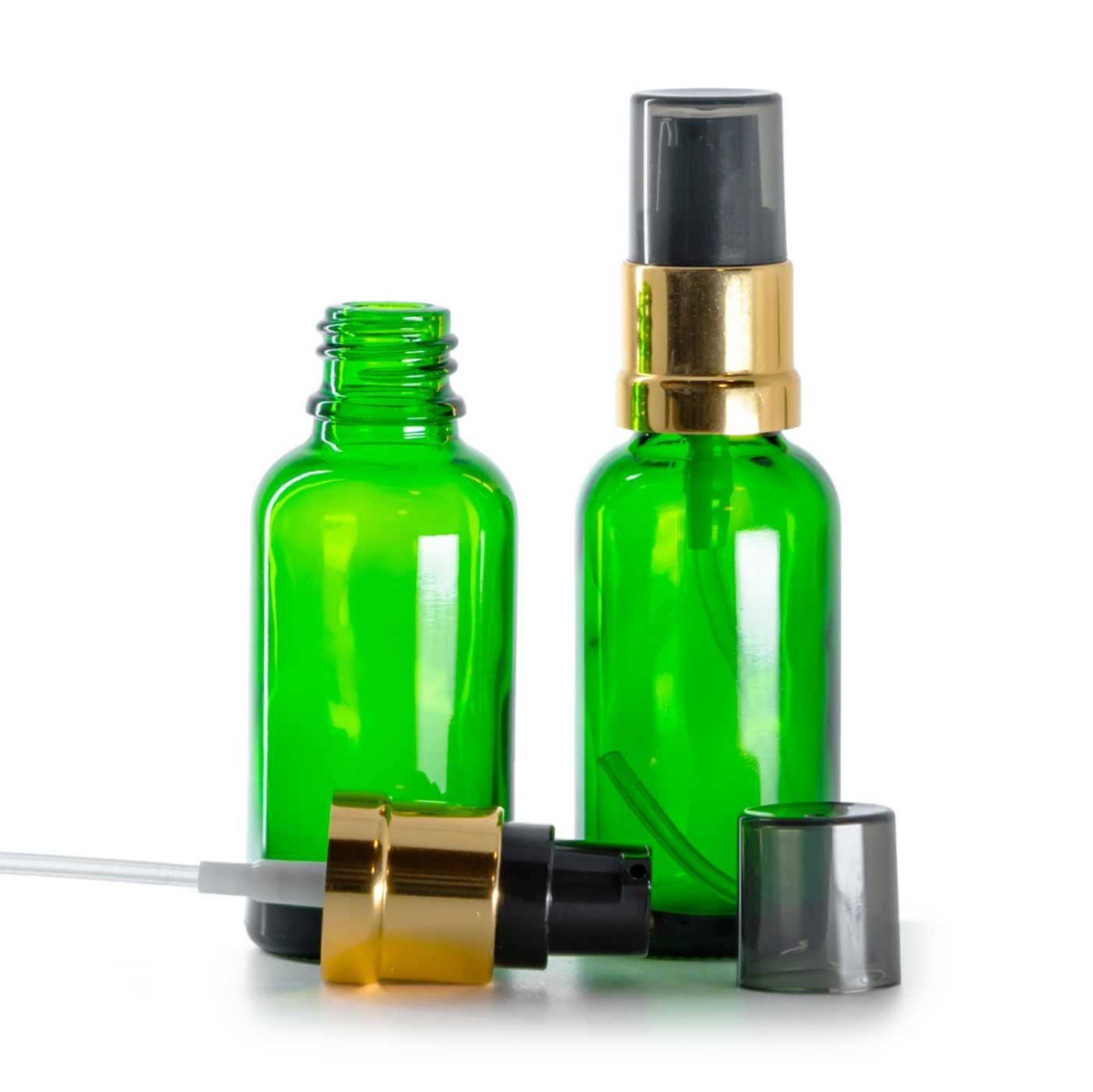 Zöld üvegcse, fényes fekete-arany adagoló füstös felső kupakkal, 30 ml