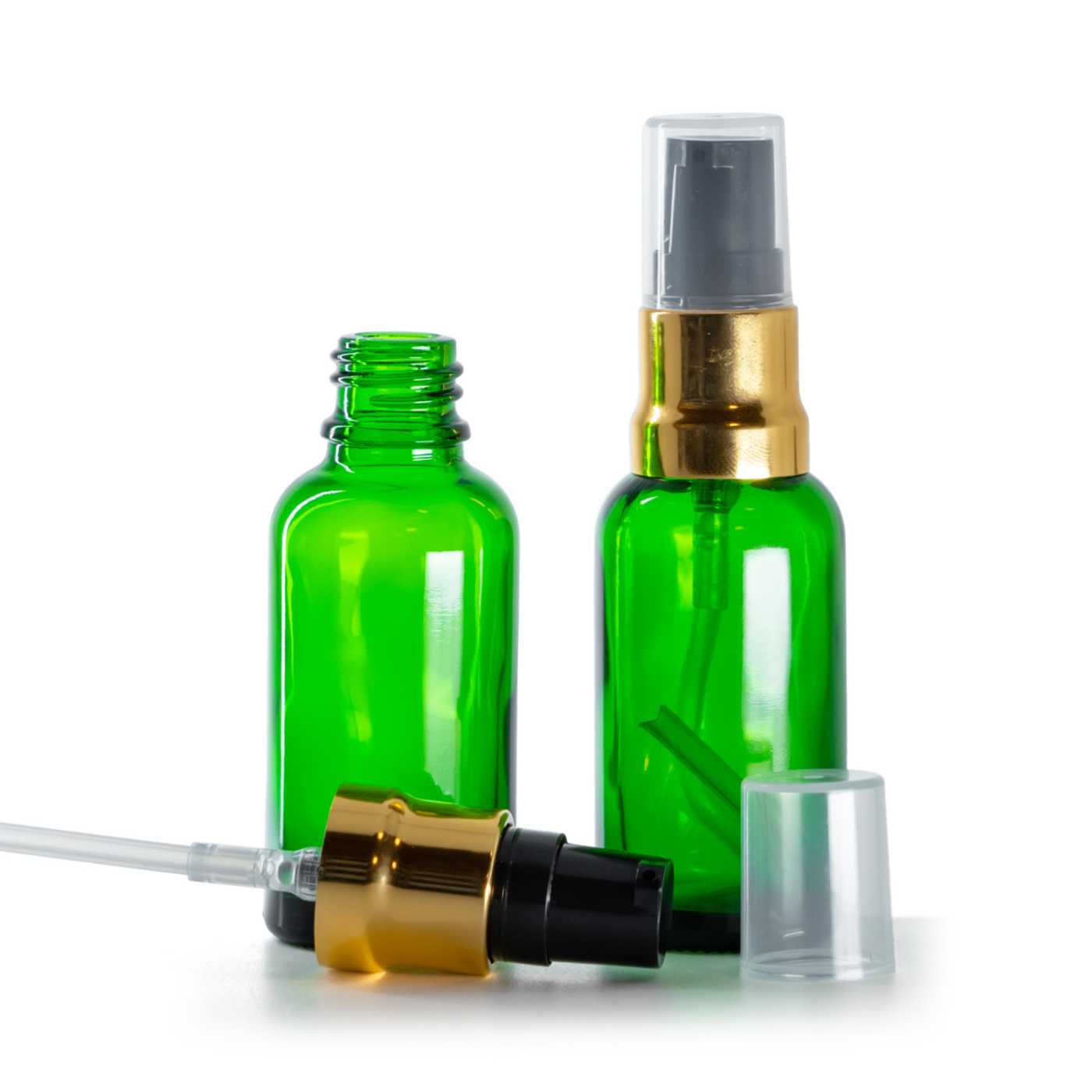 Zöld üvegpalack, fényes fekete pumpával, átlátszó kupakkal, 30 ml
