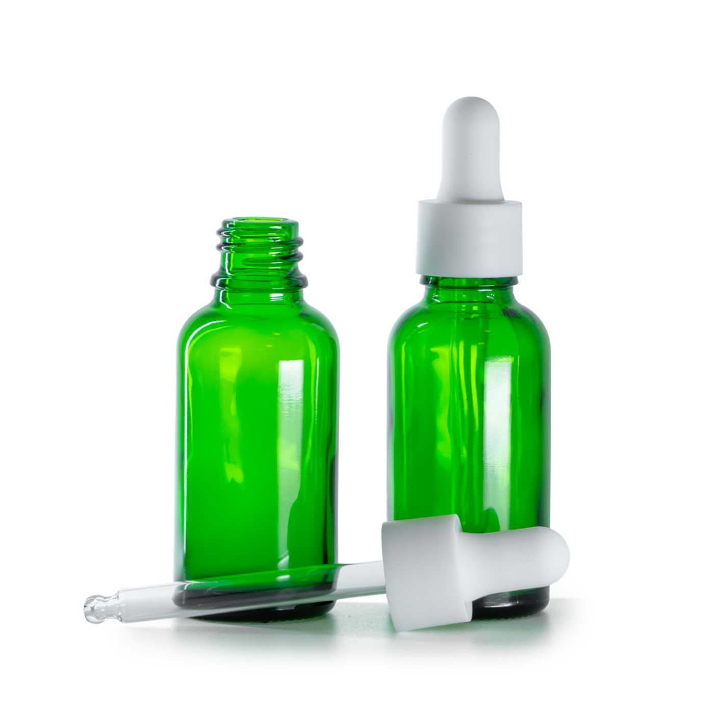 Flacon en verre vert, compte-gouttes blanc mat, 30 ml