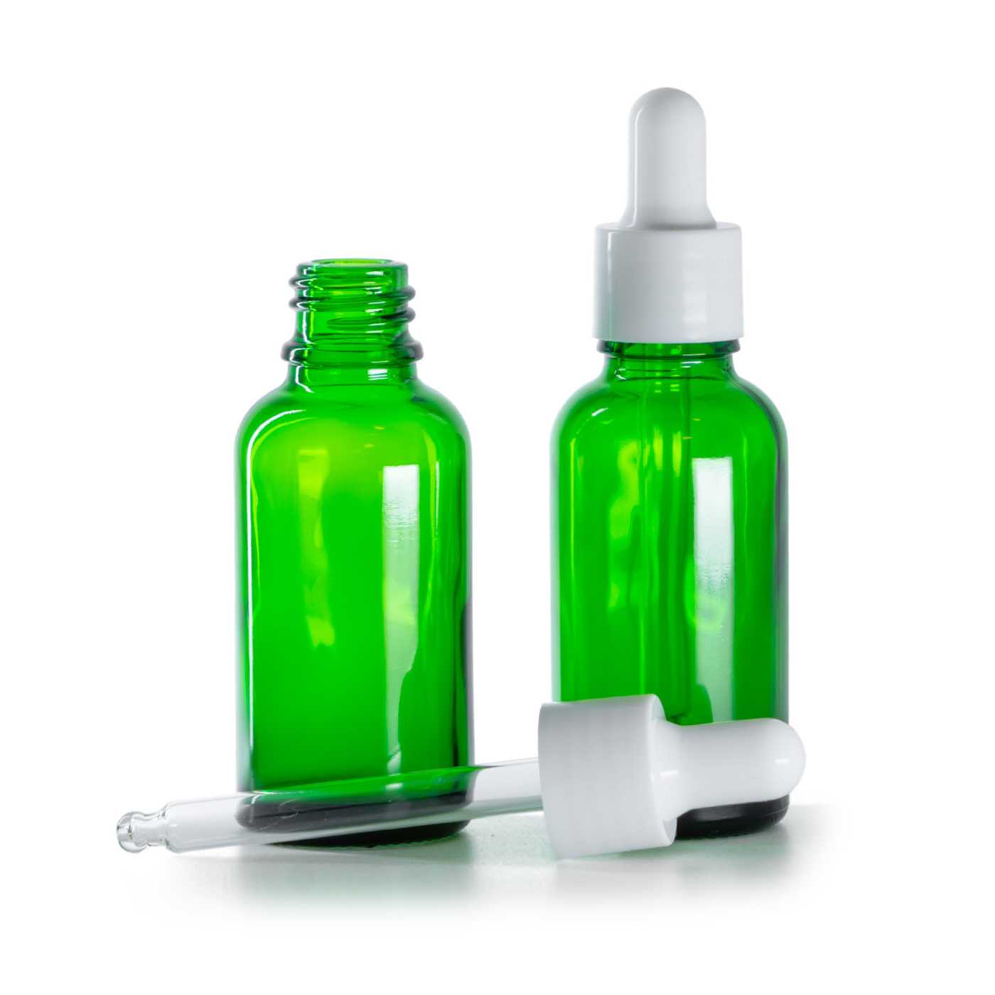 Zöld üvegpalack fényes fehér pipettával, 30 ml