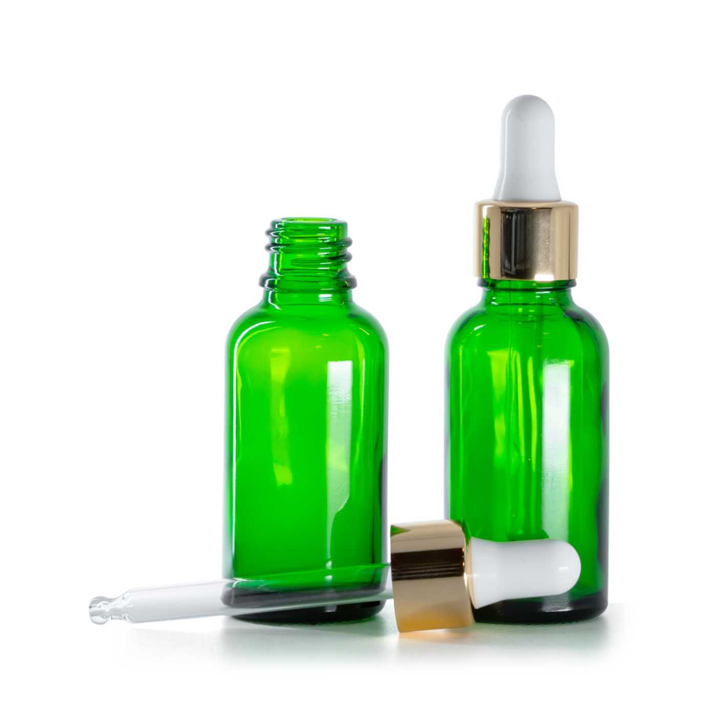 Zöld üvegpalack, fehér-arany cseppentő, 30 ml