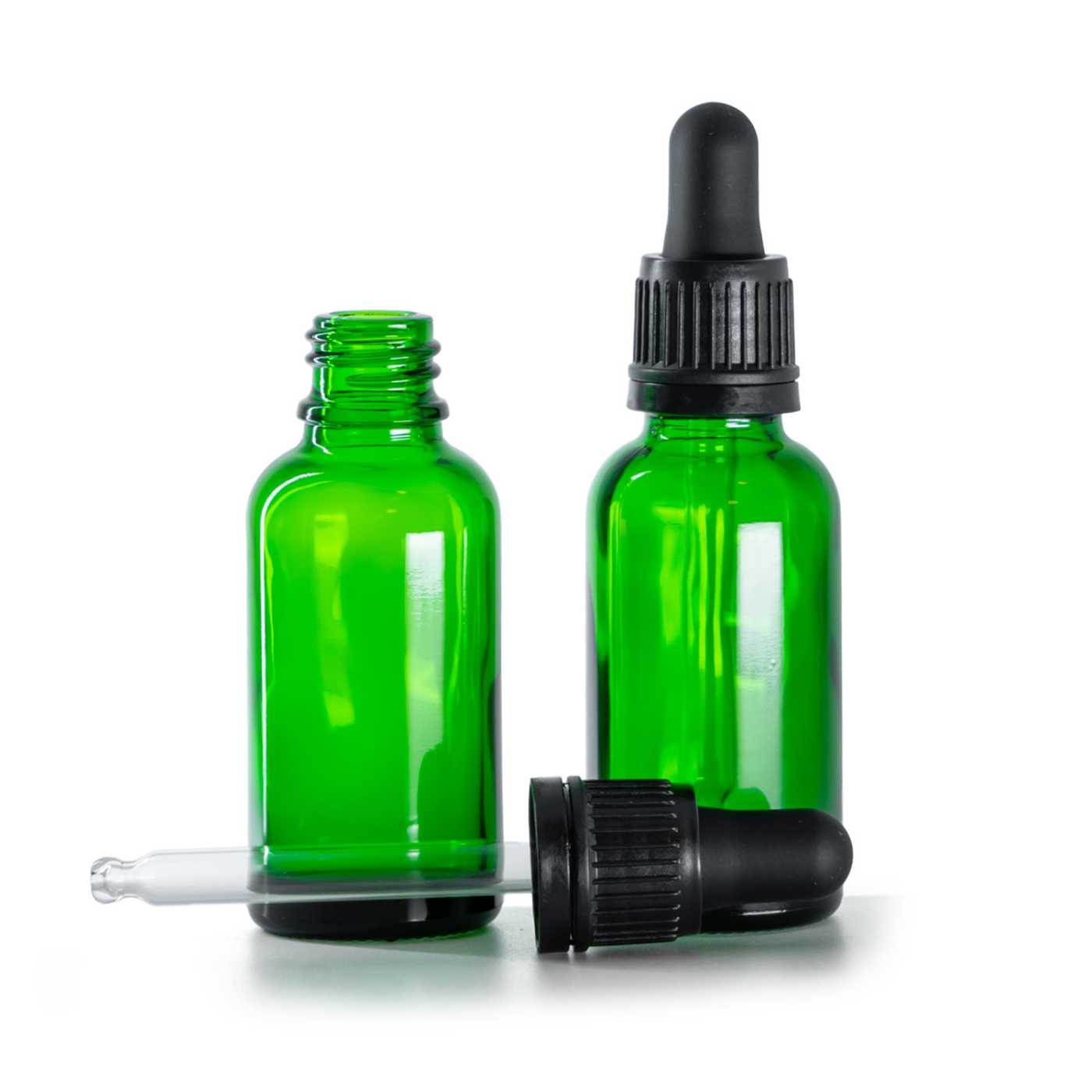 Zöld üvegpalack, fekete garanciazáras pipettás kupak, 30 ml