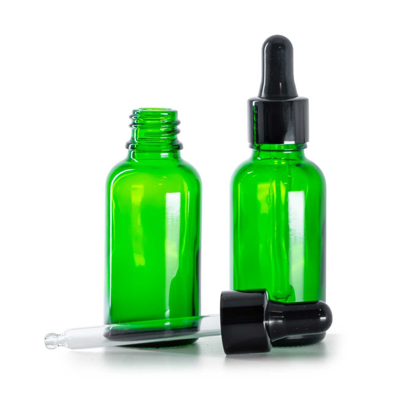 Zöld üvegpalack, fényes fekete pipetta, 30 ml
