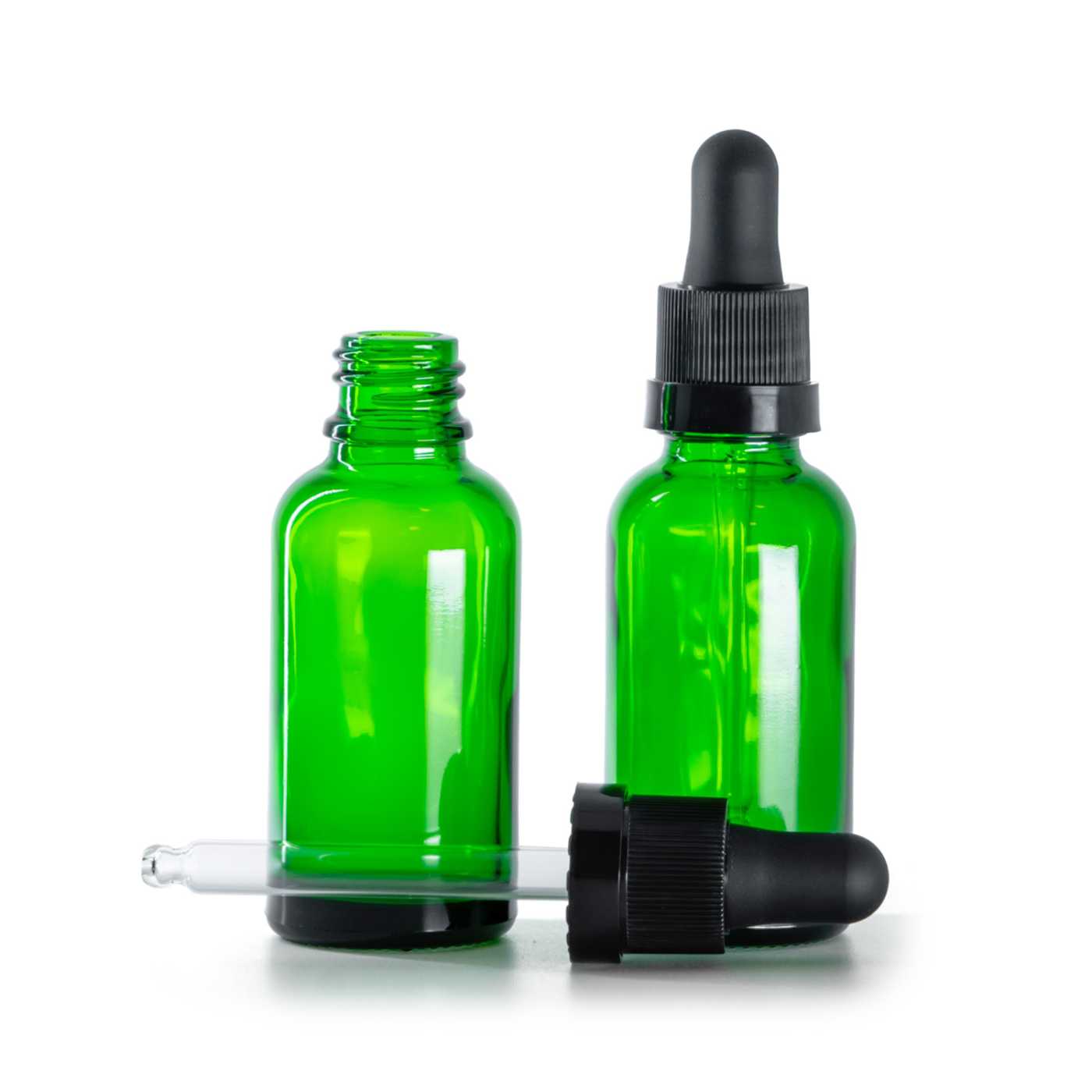 Zöld üvegpalack, fekete cseppentő fényes gyűrűvel, 30 ml