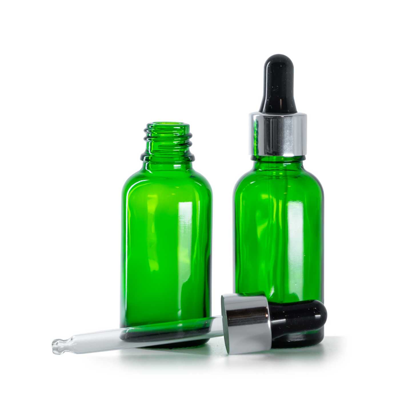 Flacon en verre vert, compte-gouttes noir et argent, 30 ml
