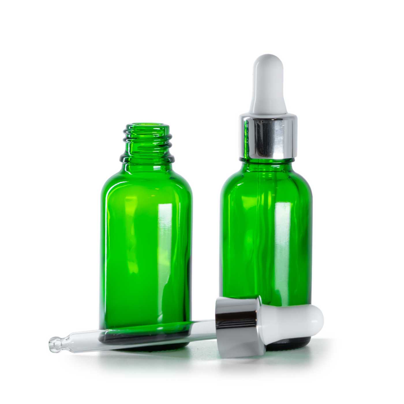 Flacon en verre vert avec compte-gouttes argenté, 30 ml