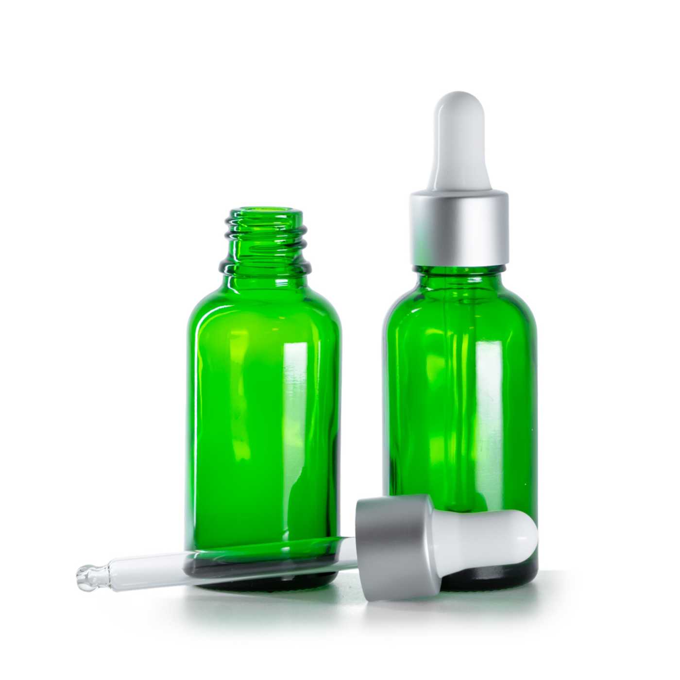 Zöld üvegpalack, matt ezüst cseppentős kupak, 30 ml