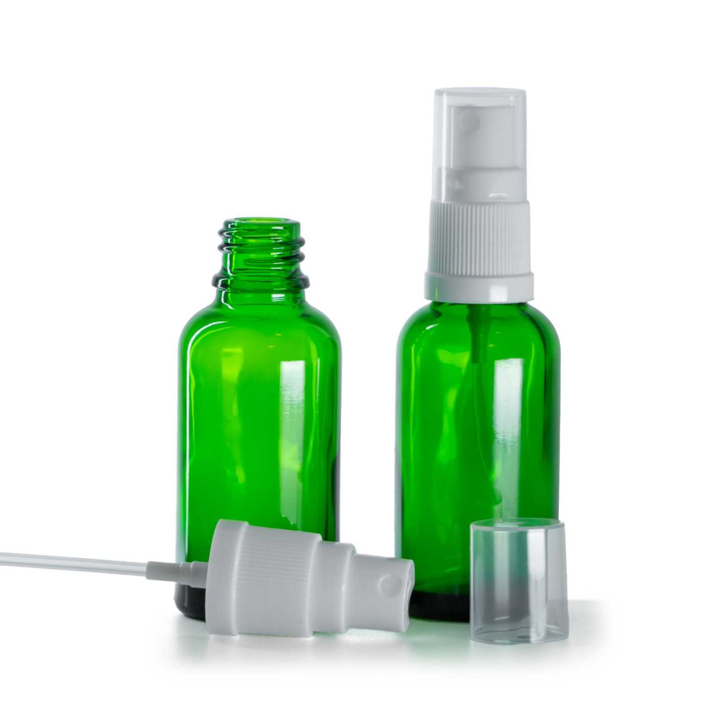 Zöld üvegpalack, fehér permetező, 30 ml