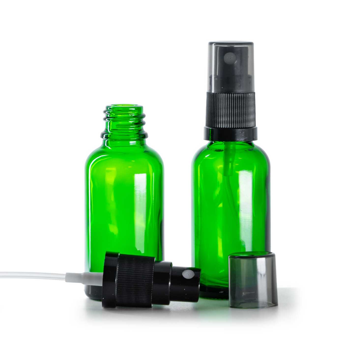 Butelka szklana zielona, czarny atomizer, kapturek dymny, 30 ml