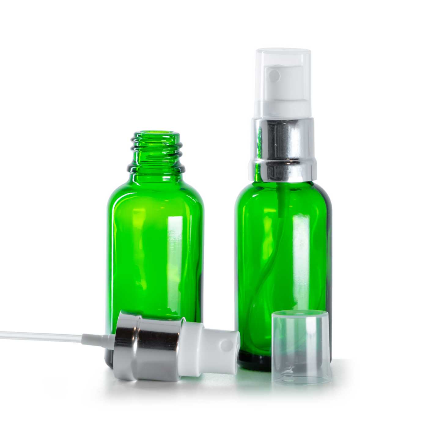Butelka szklana, zielona, biało-srebrny atomizer, 30 ml