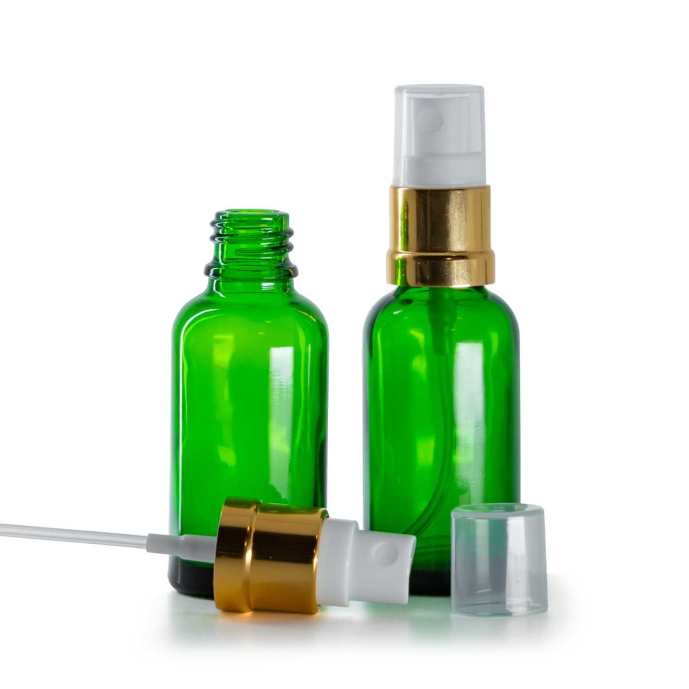 Zöld üvegpalack, fehér-arany permetező, 30 ml