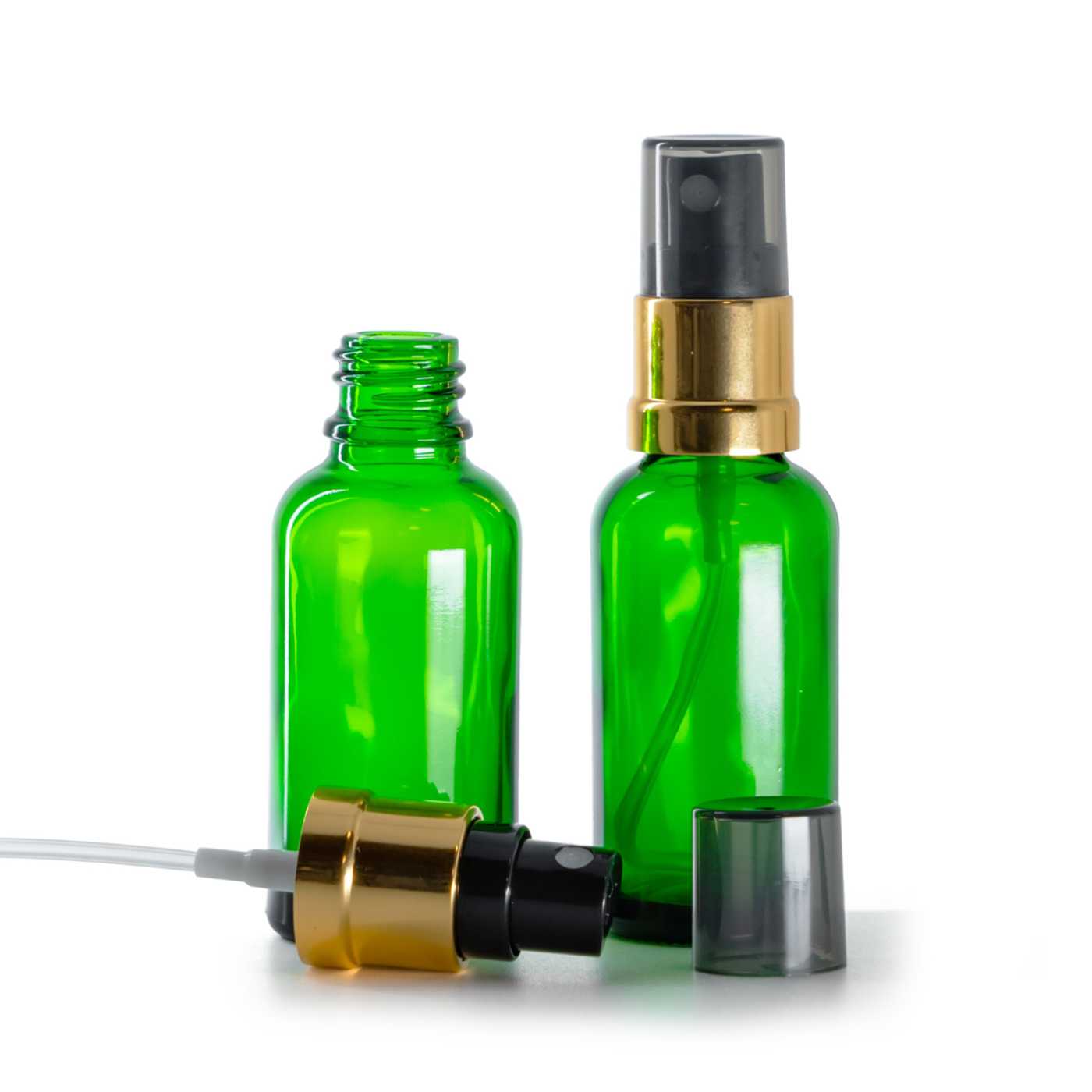 Zöld üvegcse, fekete-arany szórófej, füstös felső kupak, 30 ml