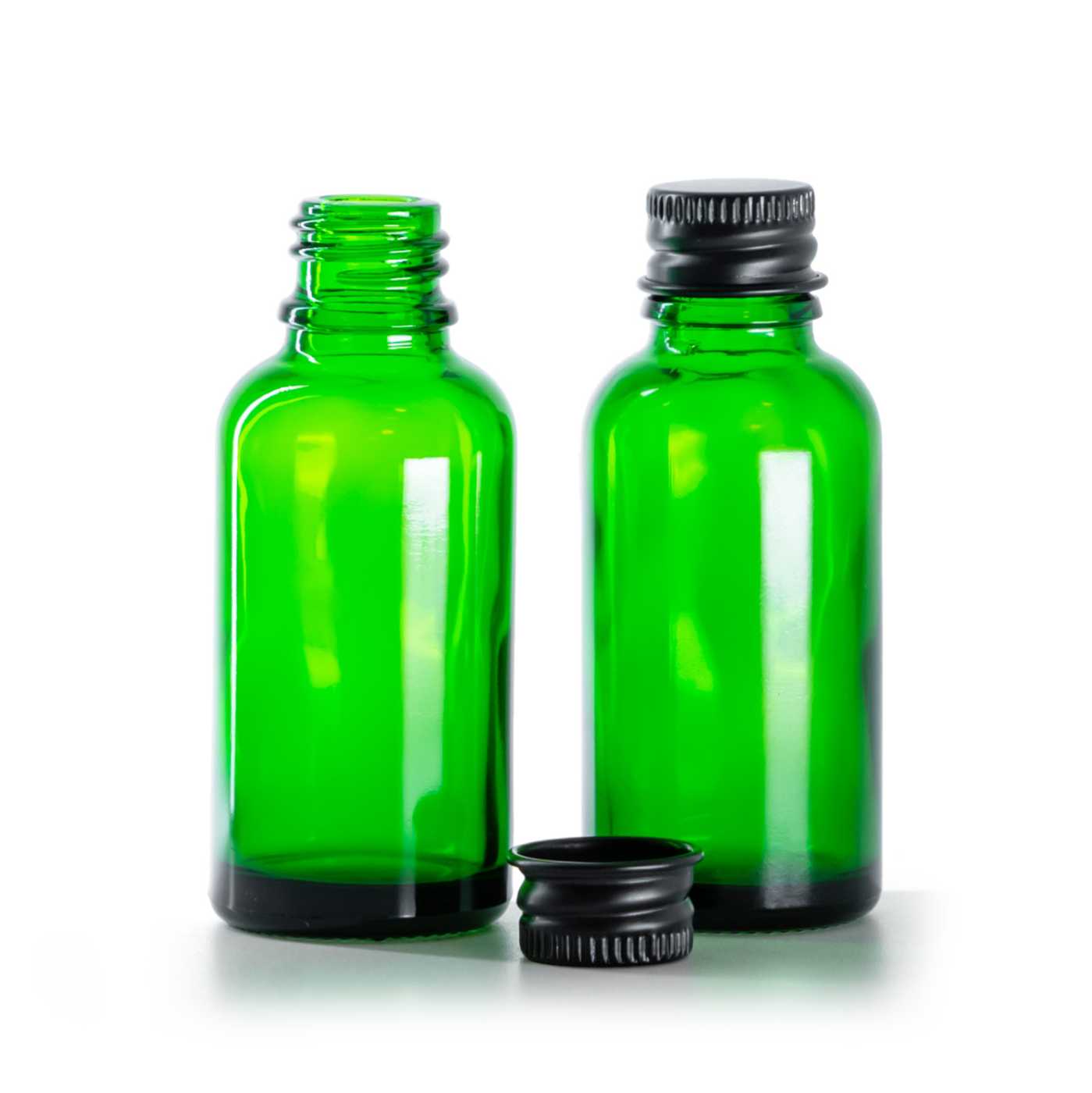 Zöld üvegpalack, fekete alumíniumkupak, 30 ml