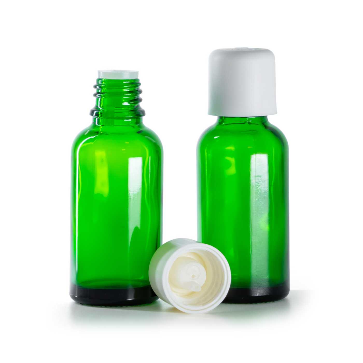 Zöld üvegpalack, fehér biztonsági kupak pipettával, 30 ml