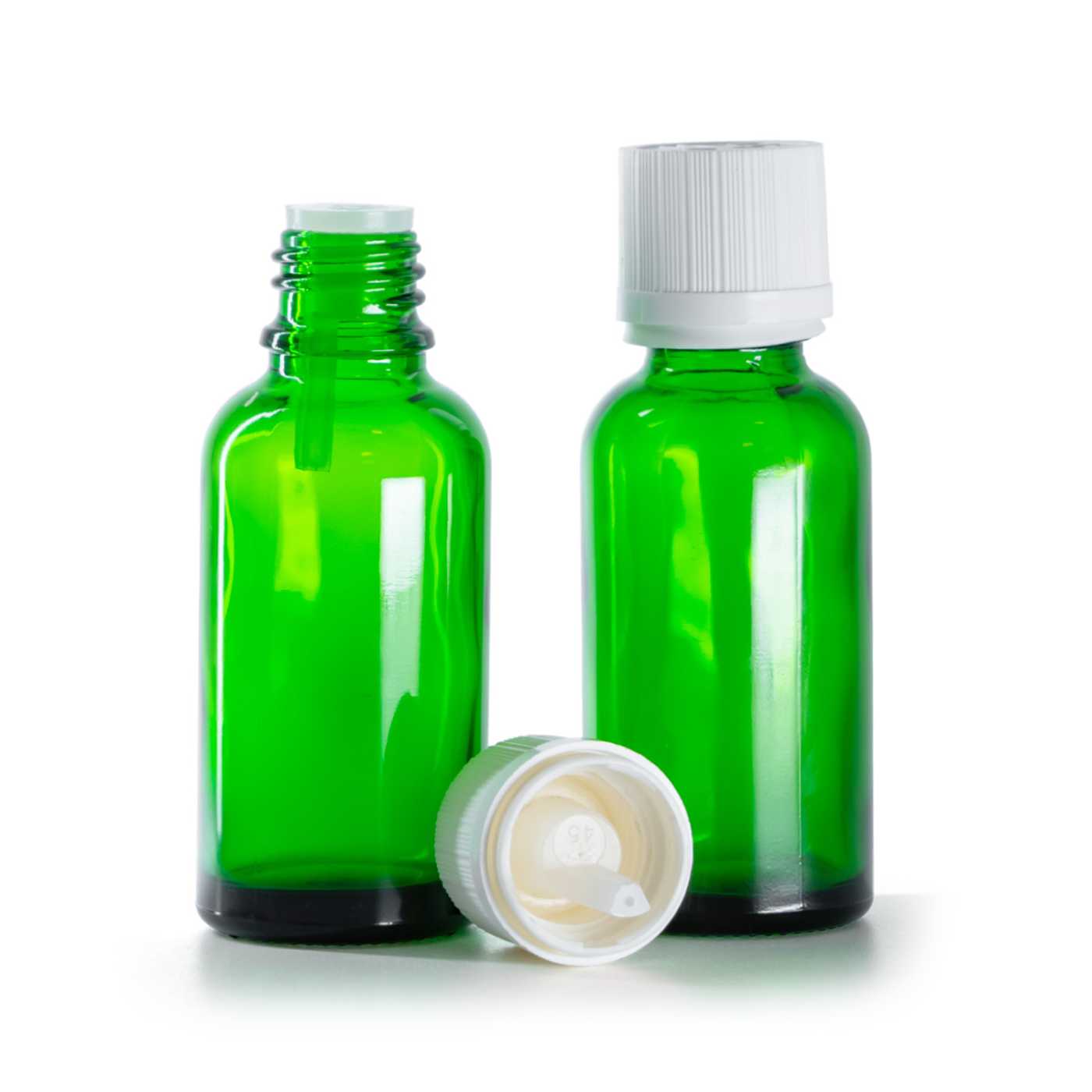 Zöld üvegpalack, fehér garanciazár cseppentőbetéttel, 30 ml