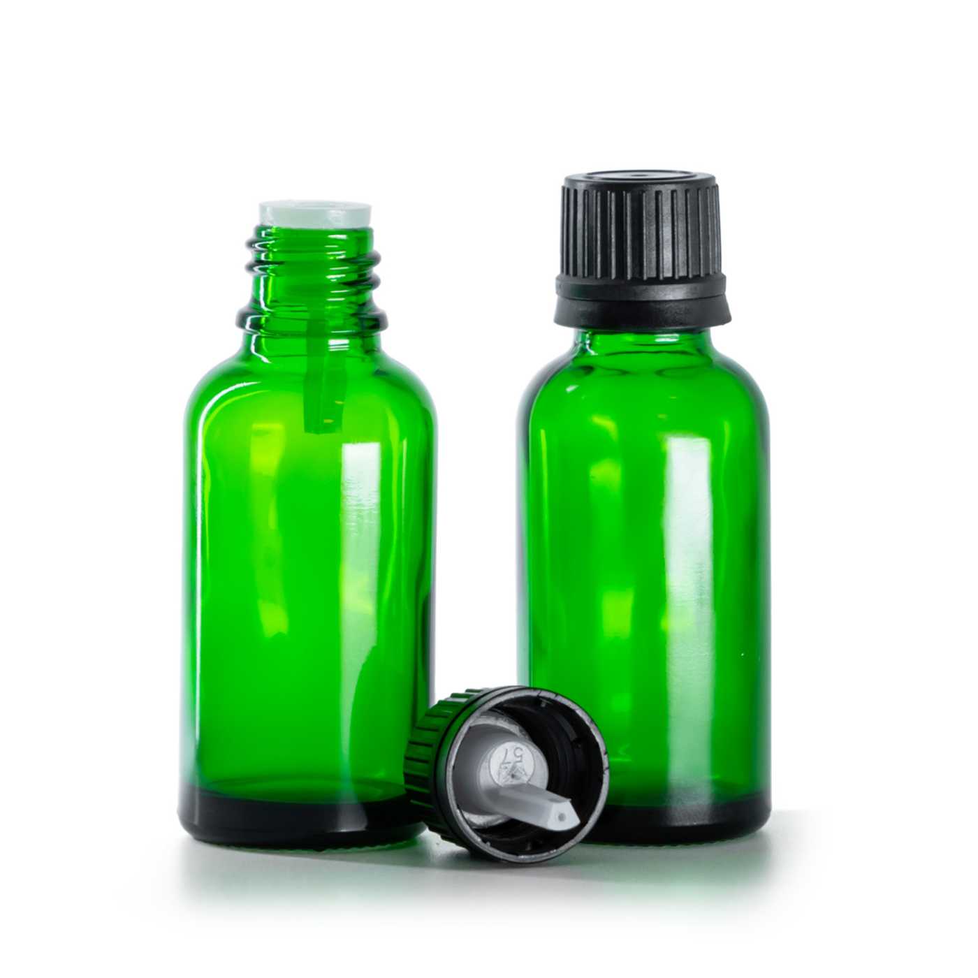 Zöld üvegcse, fekete kupak pipettával, 30 ml