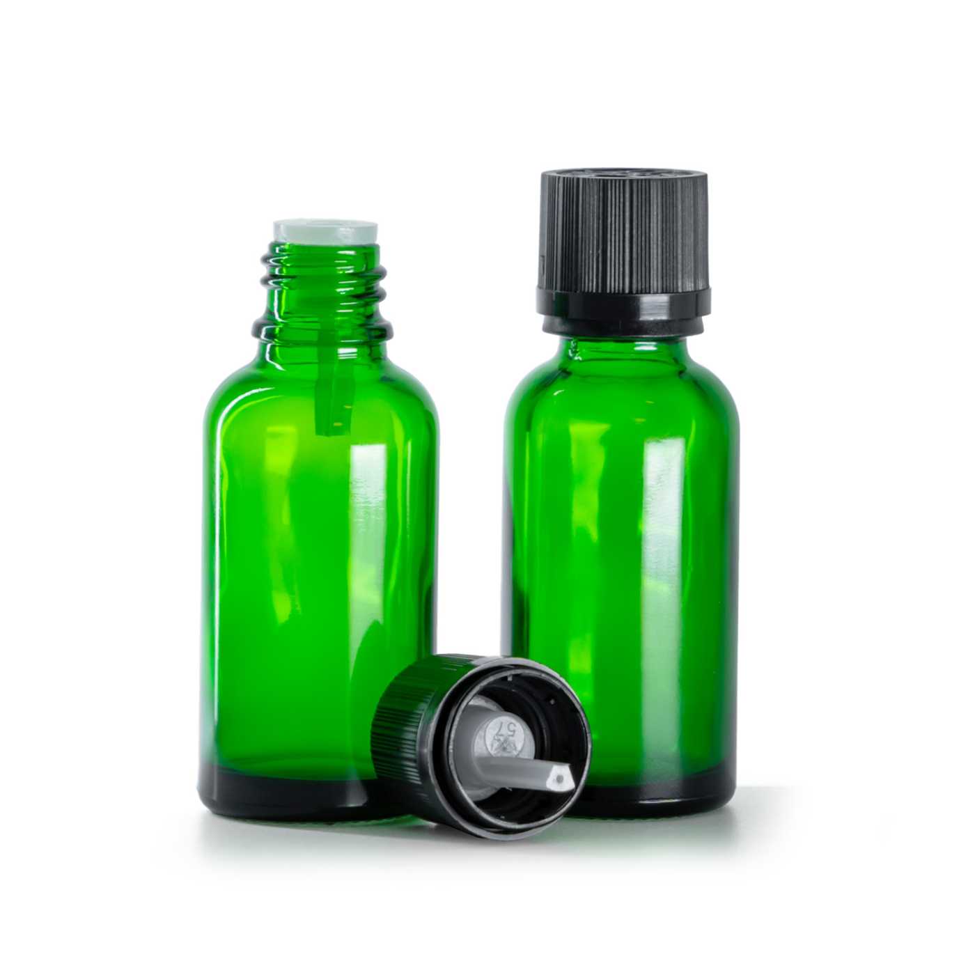 Flacon en verre vert, bouchon de sécurité noir avec compte-gouttes, 30 ml