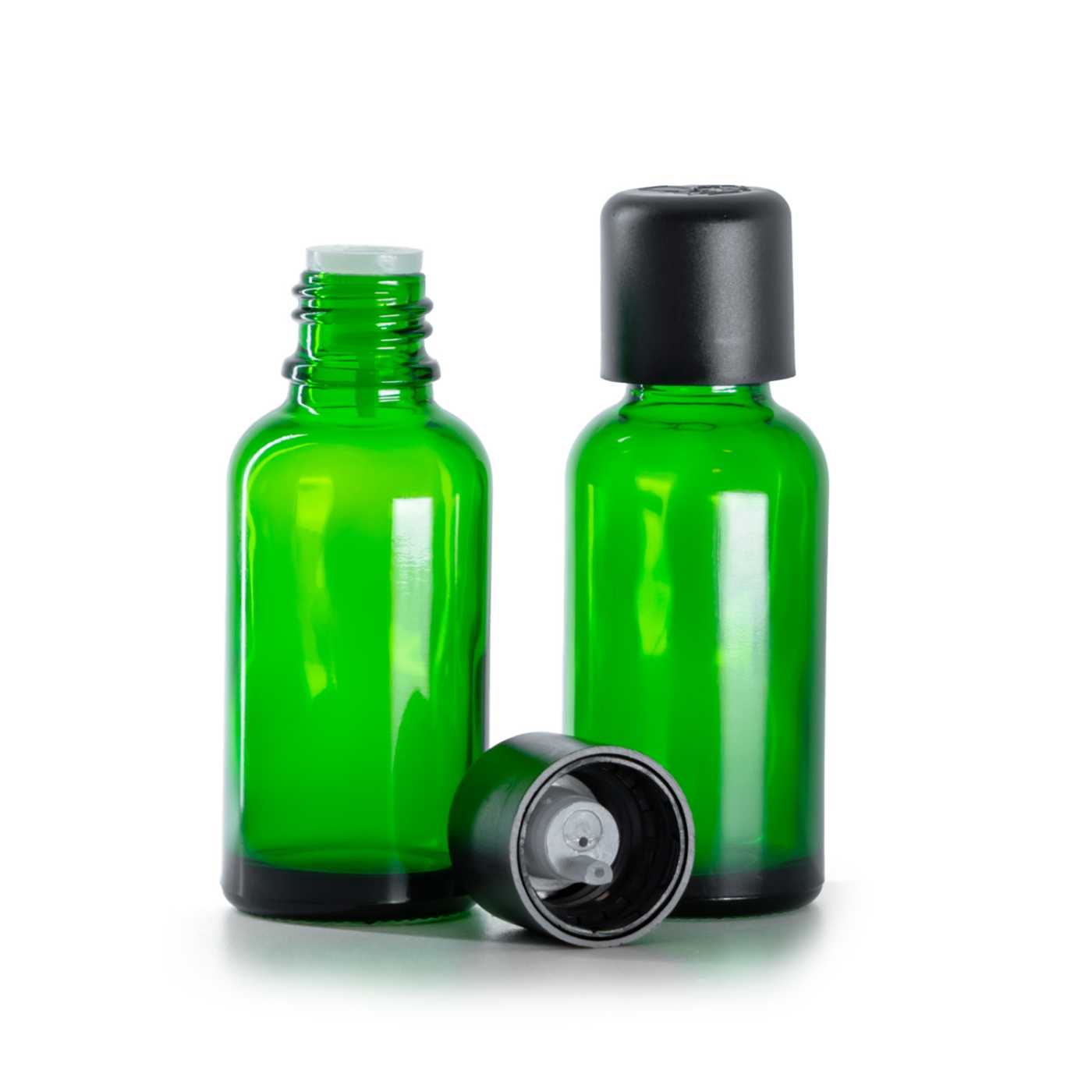 Zöld üvegpalack, fekete garanciazáras cseppentős kupak, 30 ml