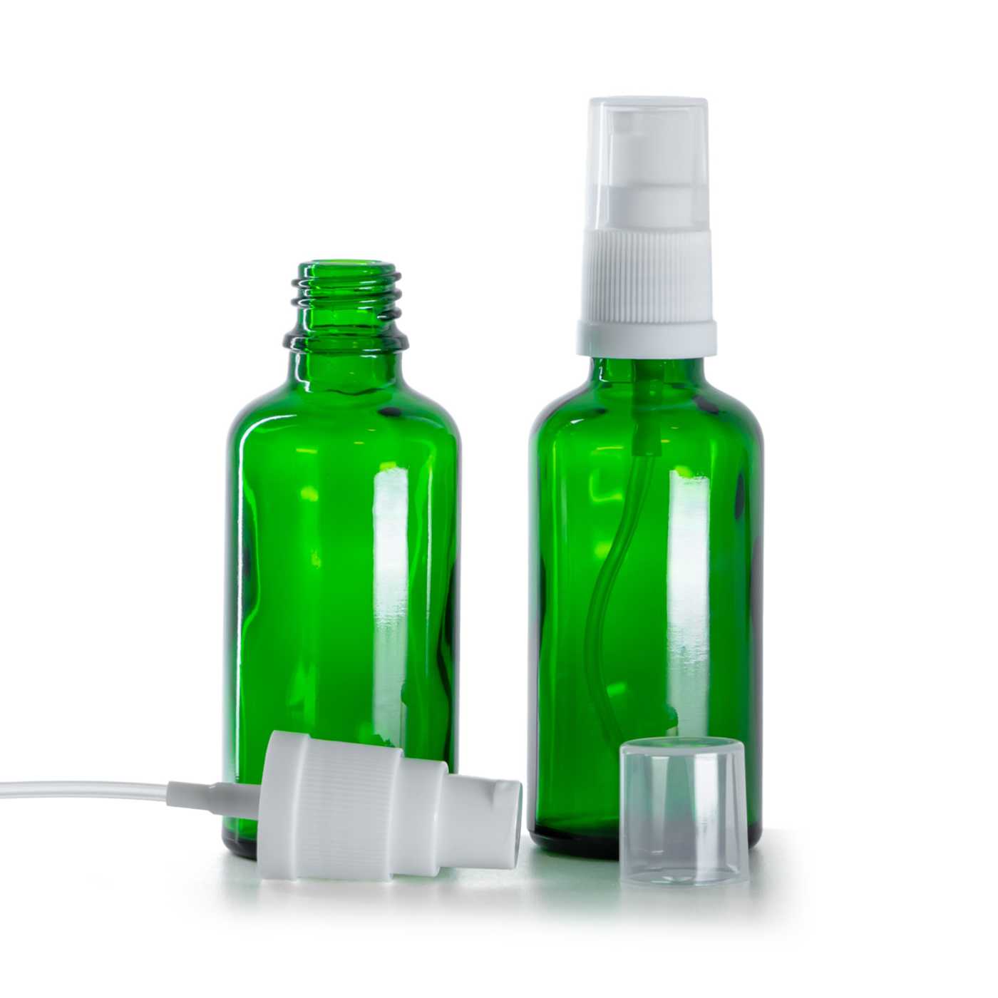 Butelka szklana zielona, dozownik biały, 50 ml