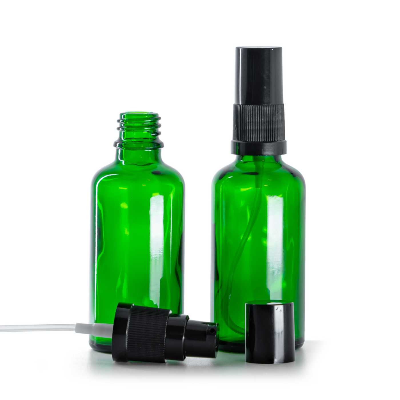 Zöld üvegpalack fekete krémpumpával és fekete kupakkal, 50 ml