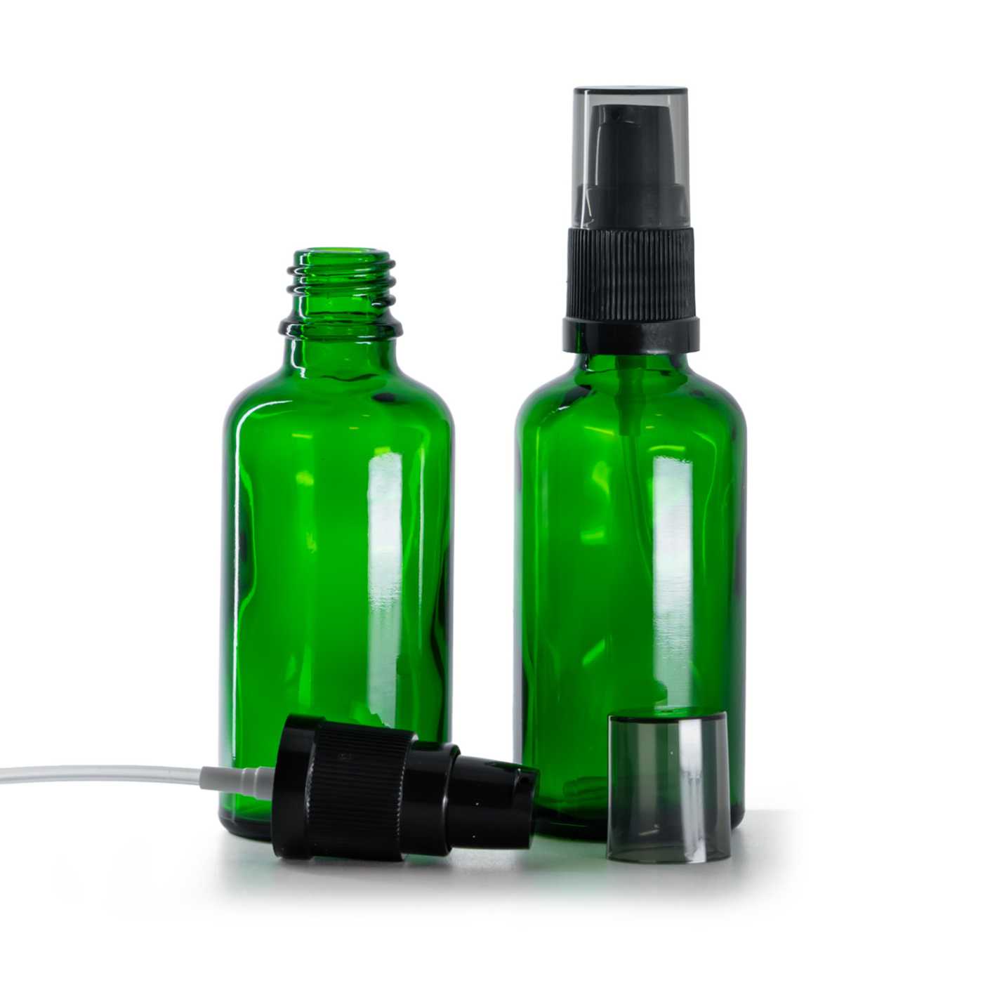 Flacon en verre vert, distributeur de crème avec surcapuchon fumé, 50 ml