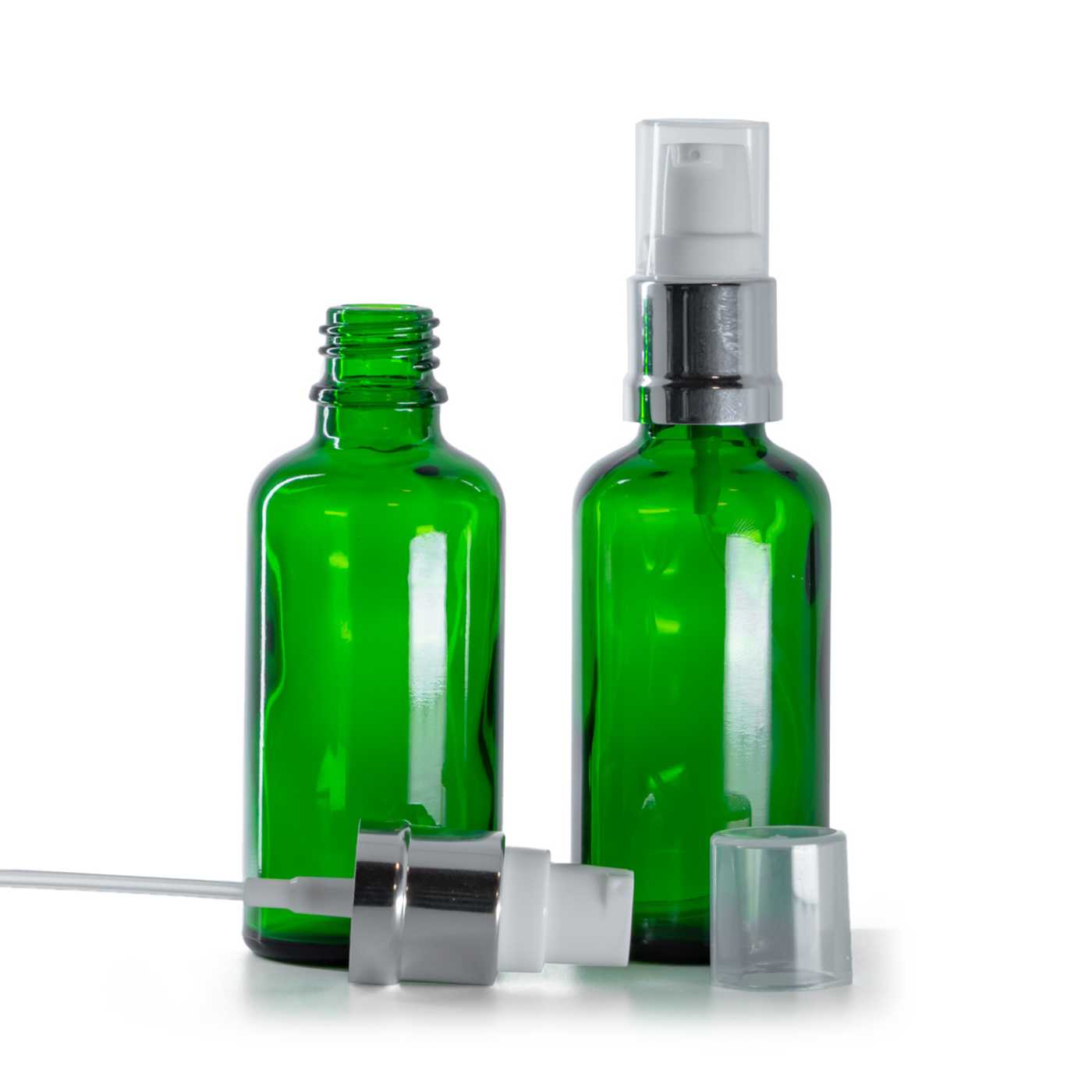 Zöld üvegpalack, fényes fehér-ezüst adagoló, 50 ml