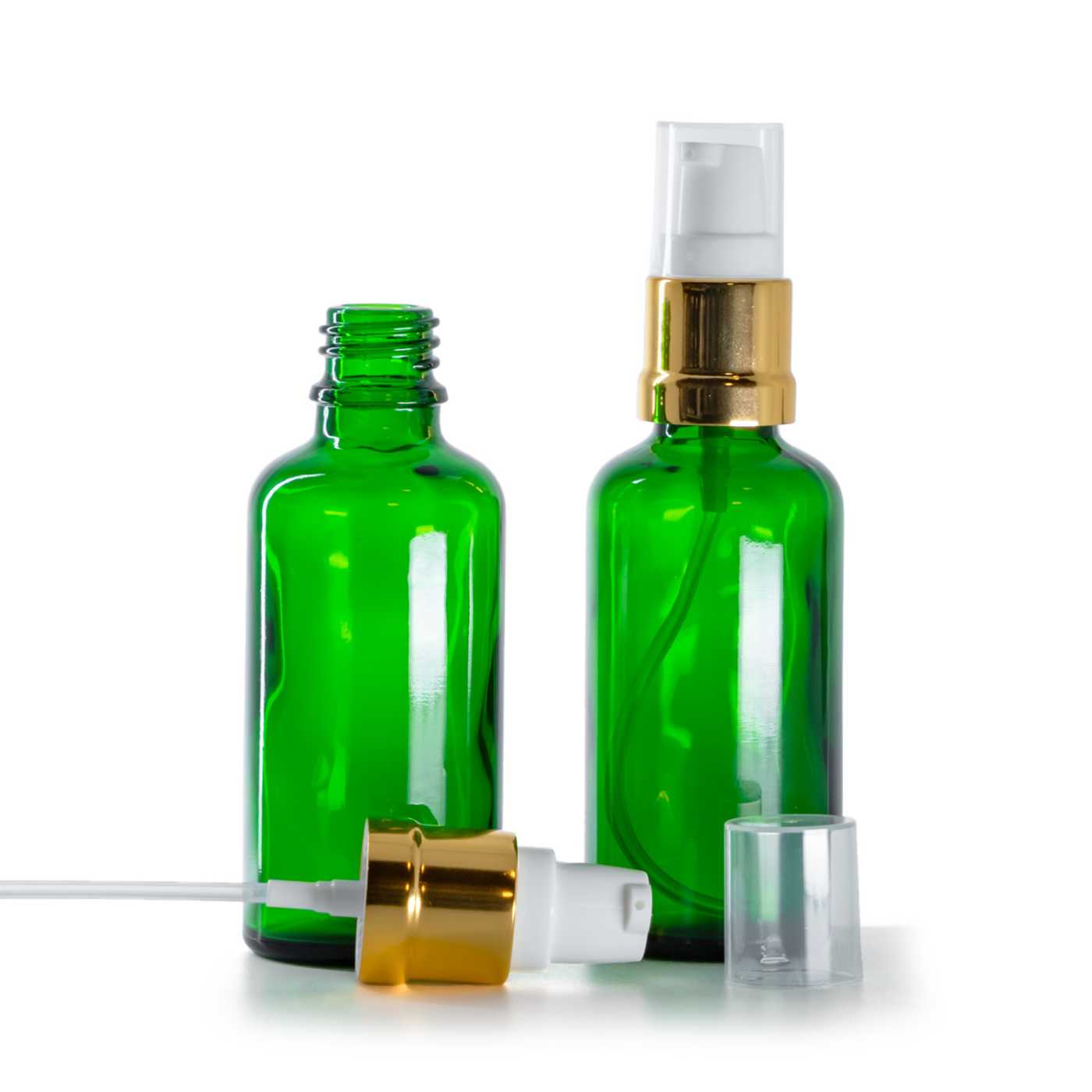 Zöld üvegpalack, fényes fehér-arany adagoló, 50 ml