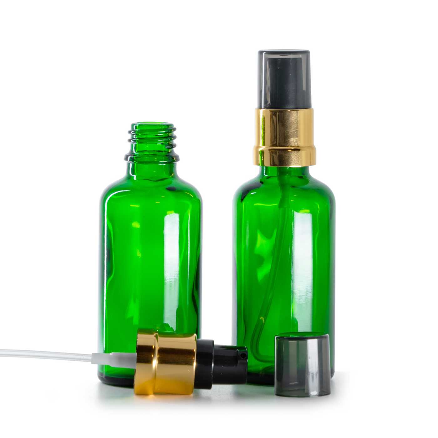 Zöld üvegcse, fényes fekete-arany adagoló füstös felső kupakkal, 50 ml