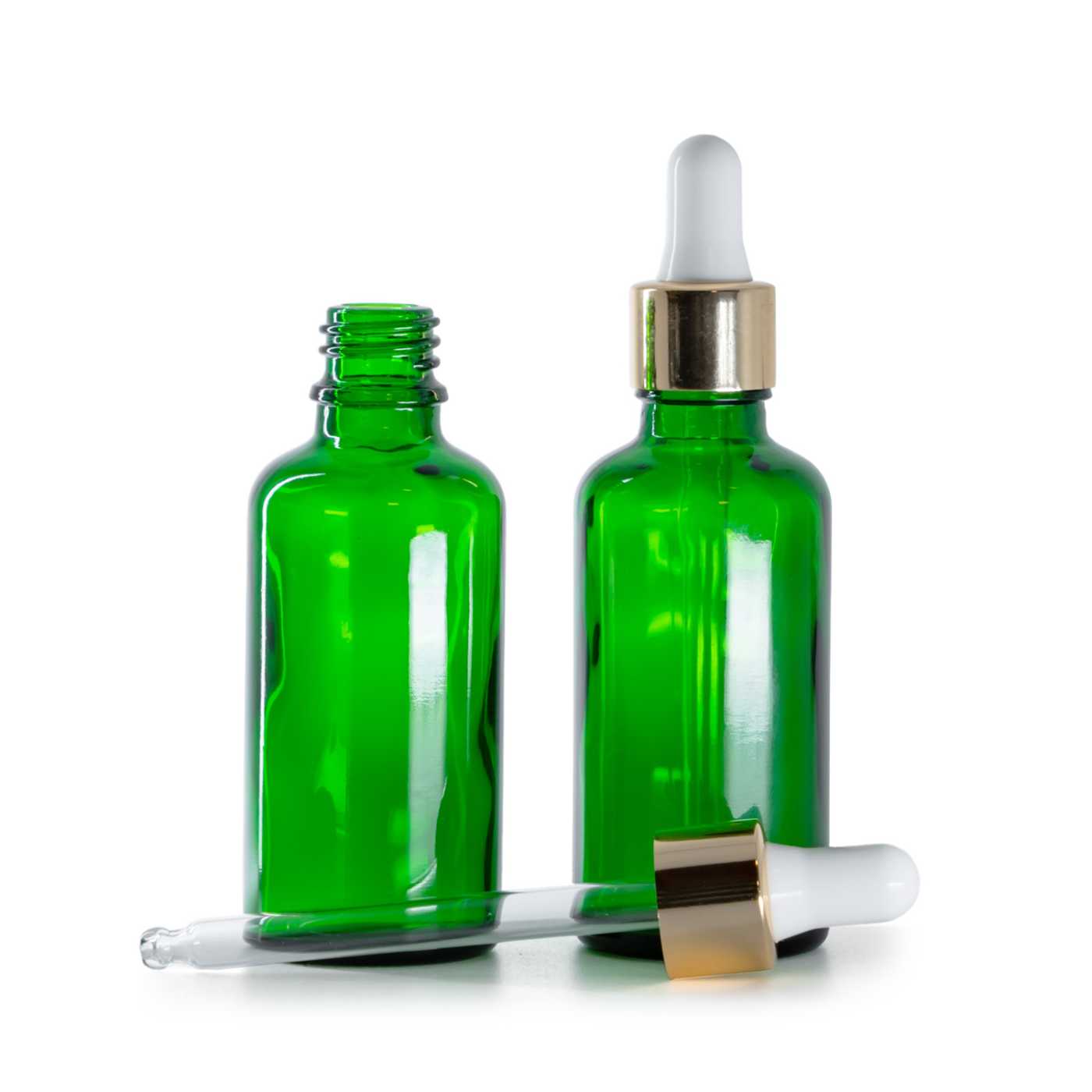 Zöld üvegpalack fehér-arany pipettával, 50 ml