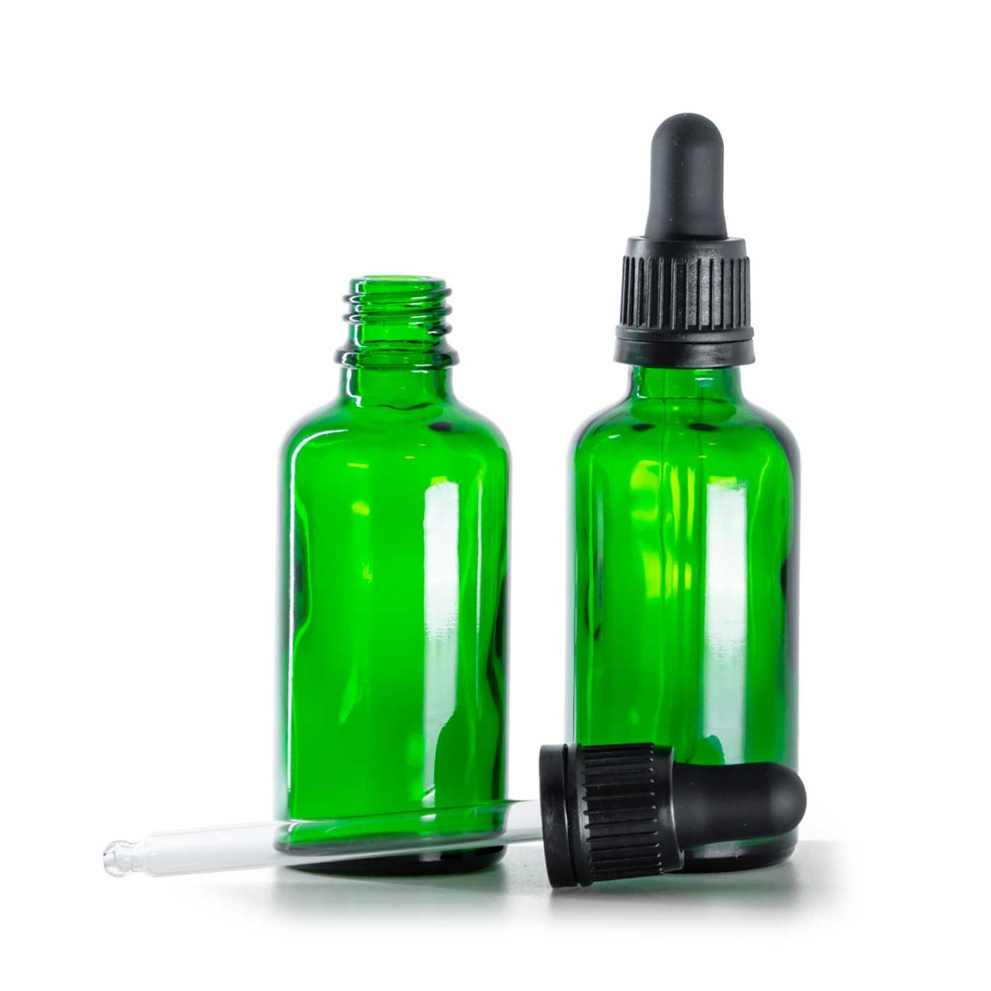 Zöld üvegpalack fekete, manipulatív zárású cseppentővel, 50 ml